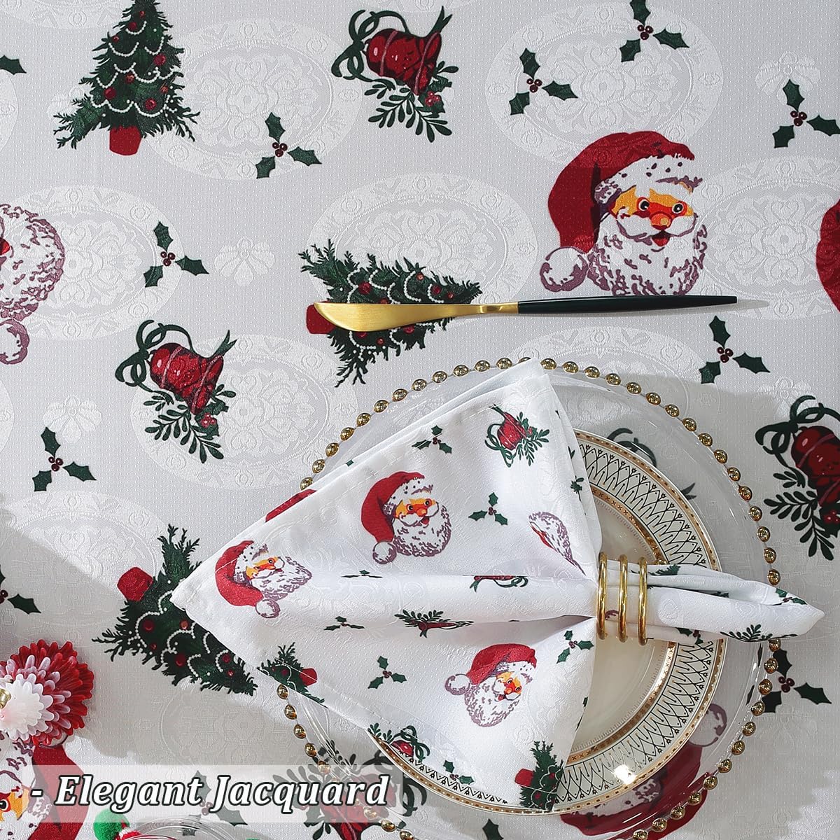 Christmas Tablecloth Rectangle 52 x 70 Inch Spill Proof Wrinkle Free Red Santa Claus Holly Berry Xmas Tree Jacquard Table Cloth, Damask Fabric Table Cover for Holiday, Winter Decoration, White