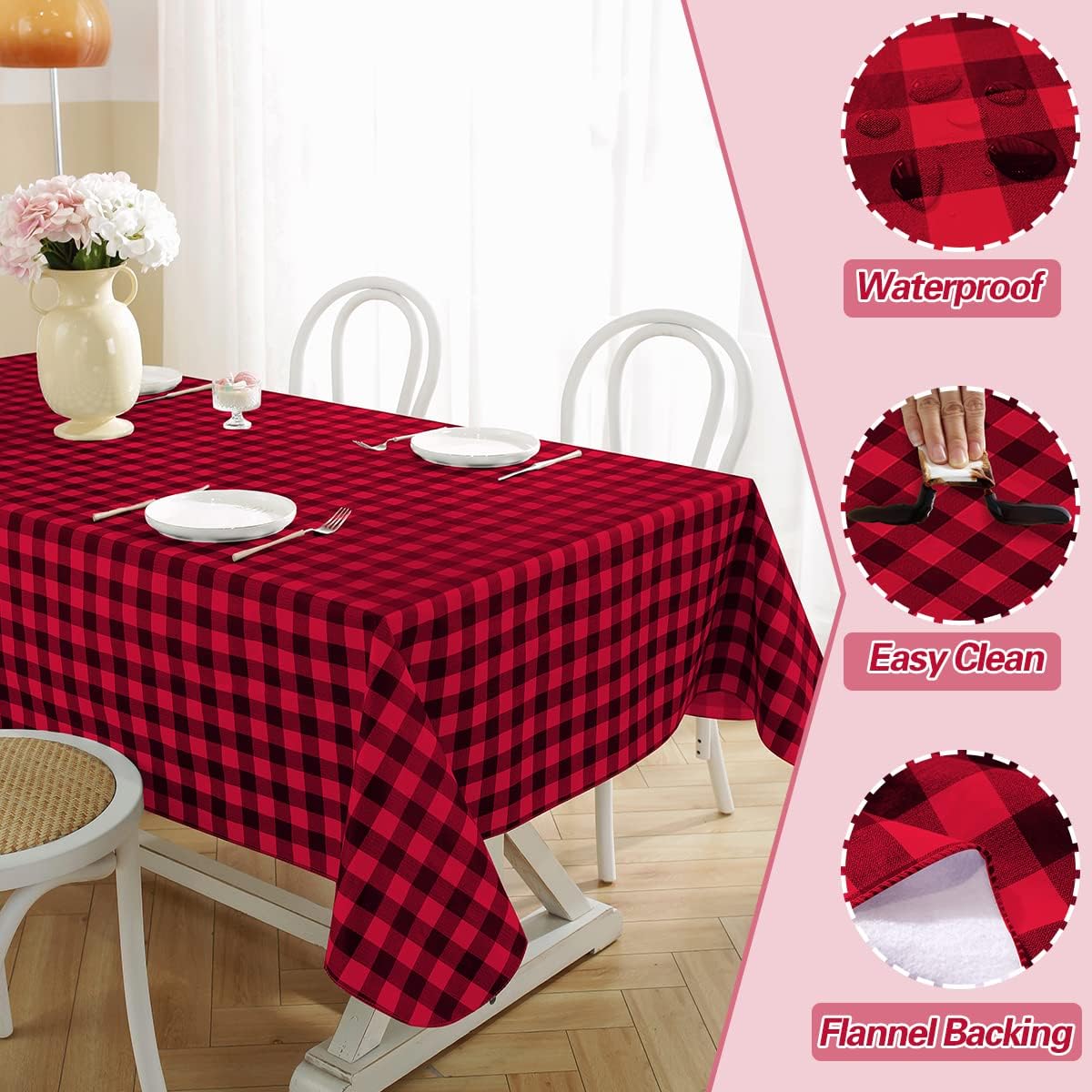 SASTYBALE Buffalo Plaid Vinyl Tablecloth Rectangle 52 x 70 Inch with Flannel Backing, Waterproof & Anti-Slip Heavy Weight Table Cloth, Plastic Table Cover for Dining, Party, Indoor, Red and Black