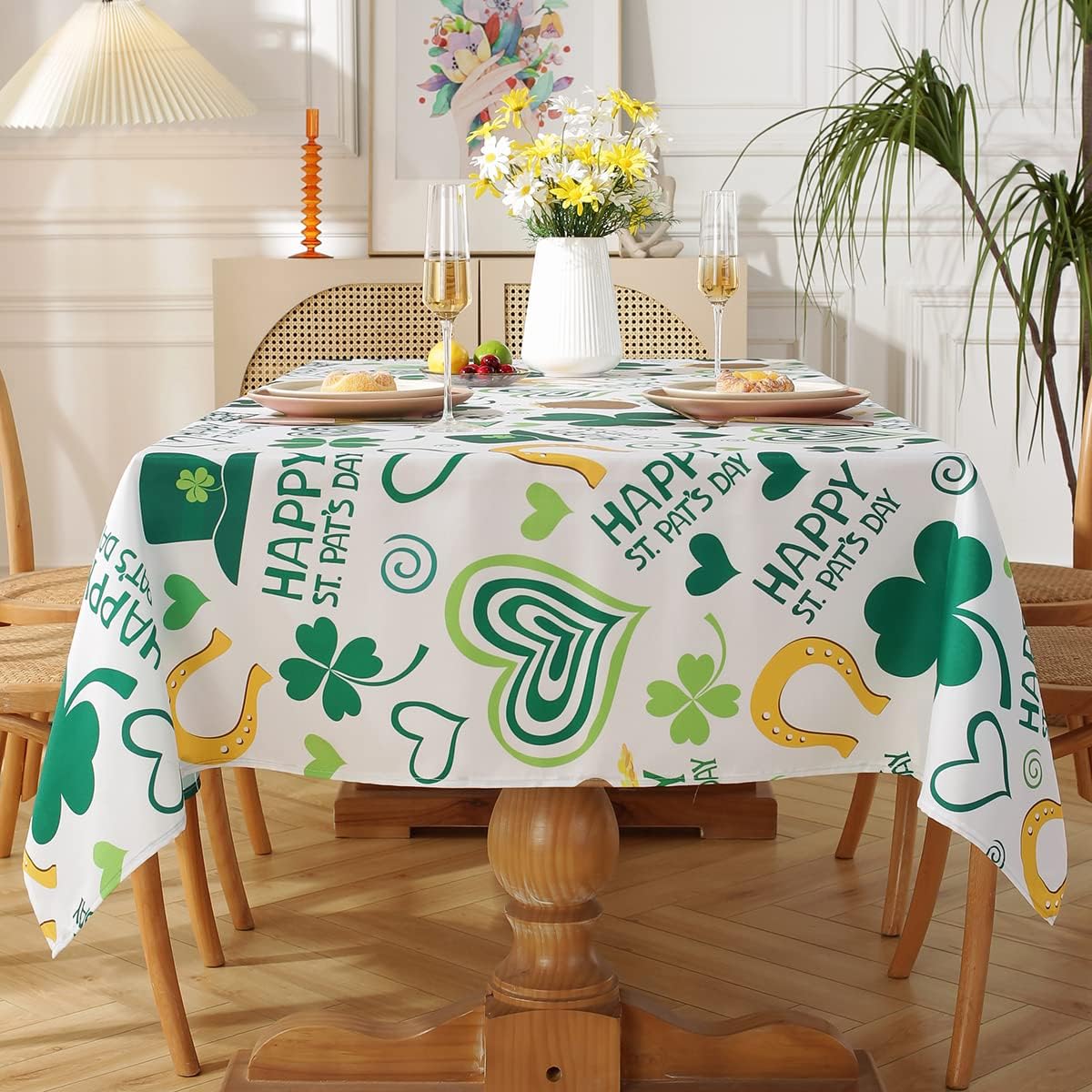 St. Patrick's Day Tablecloth for Rectangle Tables, Machine Washable Green Table Cover with Irish Lucky Shamrock Patterns for Dining Tabletop Decoration (Rectangle/Oblong, 52" x 70" (4-6 Seats))