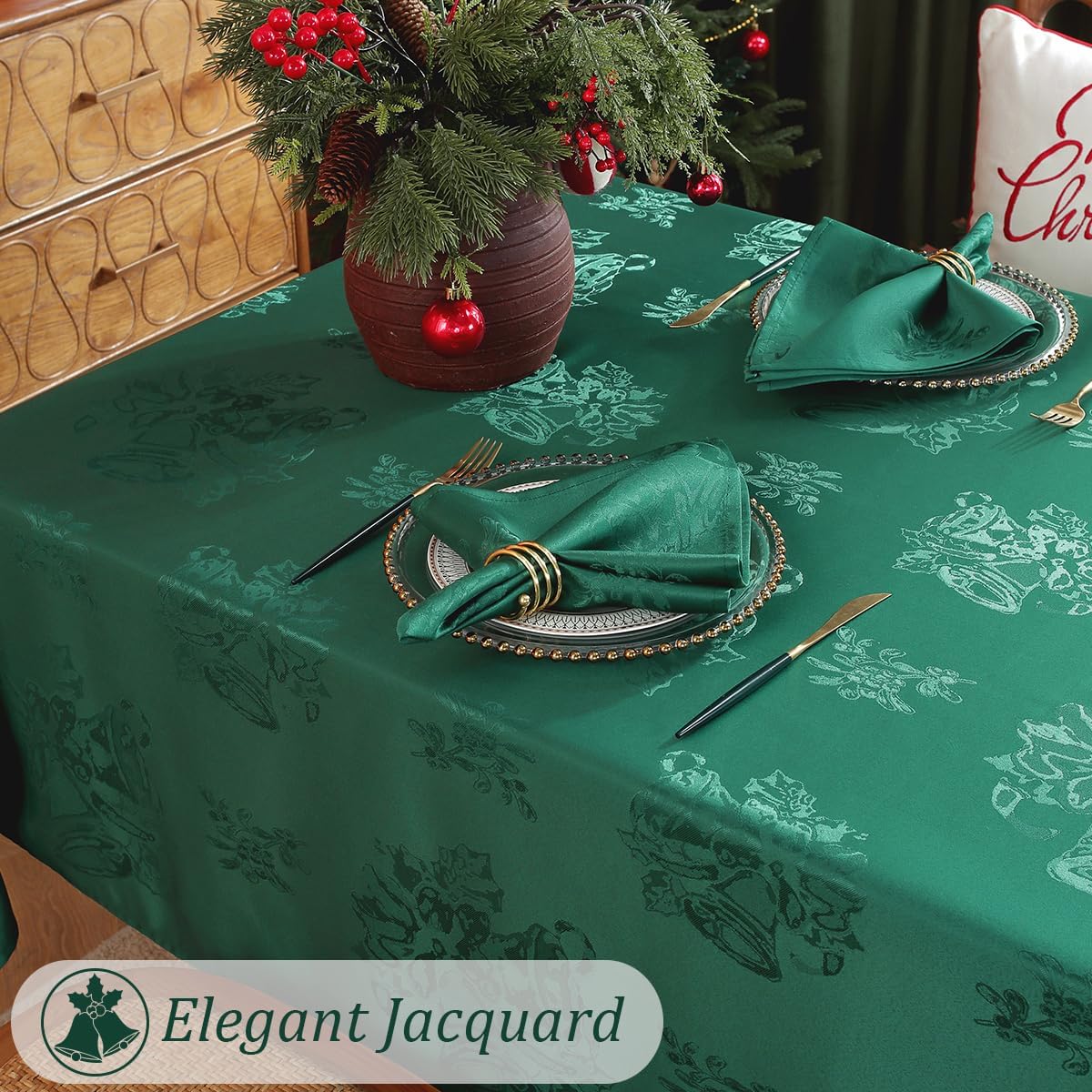 SASTYBALE Christmas Tablecloth Jingle Bells Holly Berry Jacquard Waterproof Wrinkle Free Damask Table Cloths, Fabric Table Cover for Xmas, Holiday, Winter, Party, Rectangle 52 x 70 Inch, Green