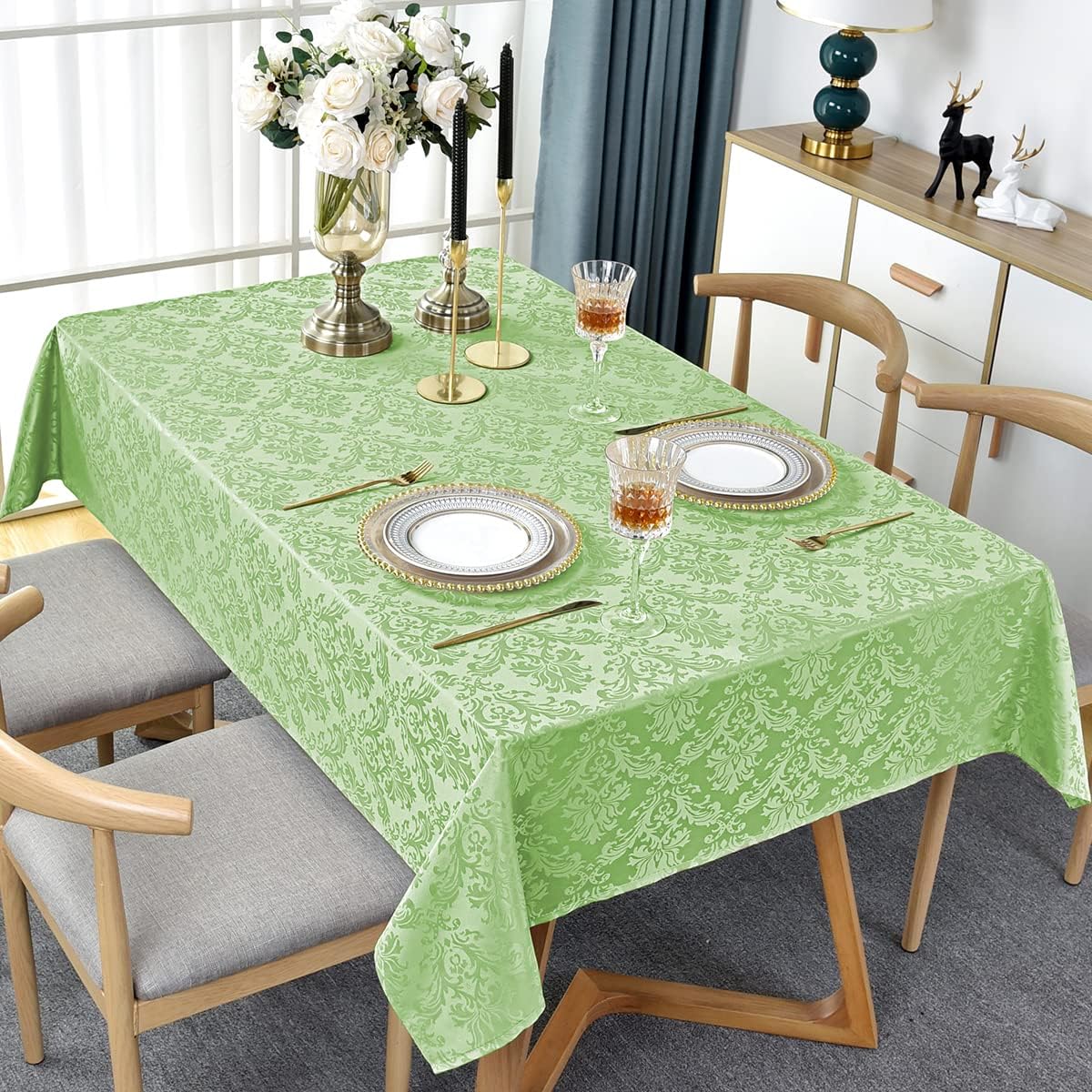 SASTYBALE Jacquard Damask Tablecloth Rectangle 52 x 70 Inch Green, Spill Proof Oil Proof Wrinkle Resistant Tables Cloth, Polyester Table Cover for Dining, Party, Indoor, Outdoor