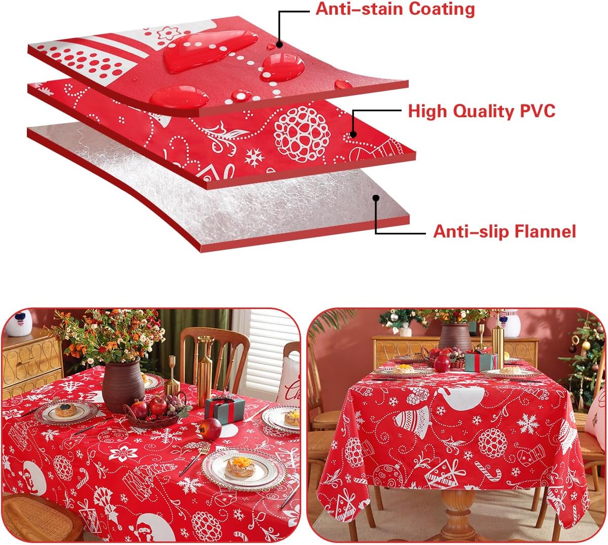 SASTYBALE Christmas Plastic Tablecloth Rectangle, Waterproof Vinyl Christmas Table Cloth with Flannel Backing, Wipeable Xmas Table Cover for Winter Holiday Party Decor (Rectangle, 52" x 70", Red)