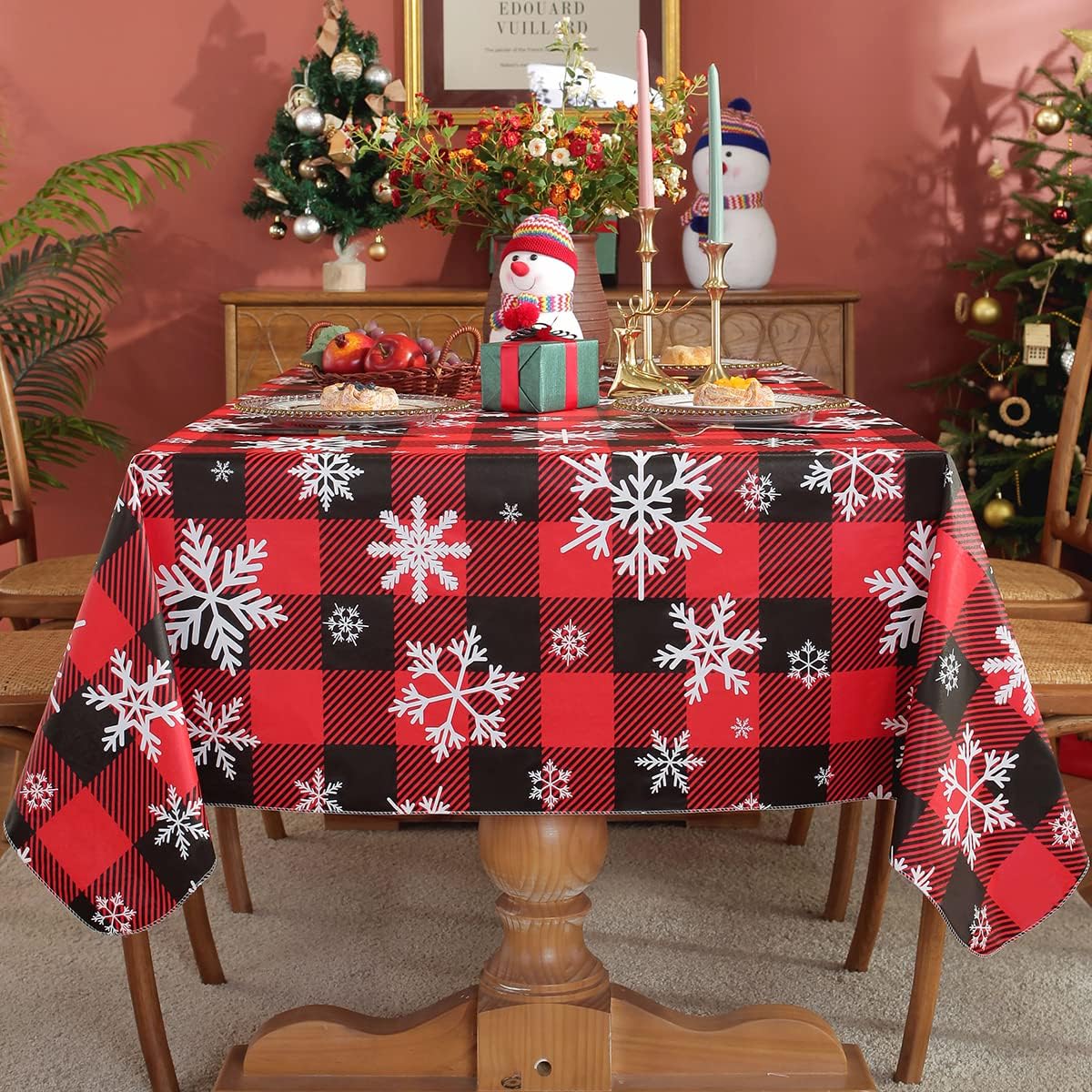 SASTYBALE Christmas Tablecloth Rectangle Vinyl with Flannel Backing, Buffalo Plaid Snowflake Print, Waterproof & Heavy Duty Plastic Table Cover for Dining, Party, Holiday, 52 x 70 Inch Red and Black