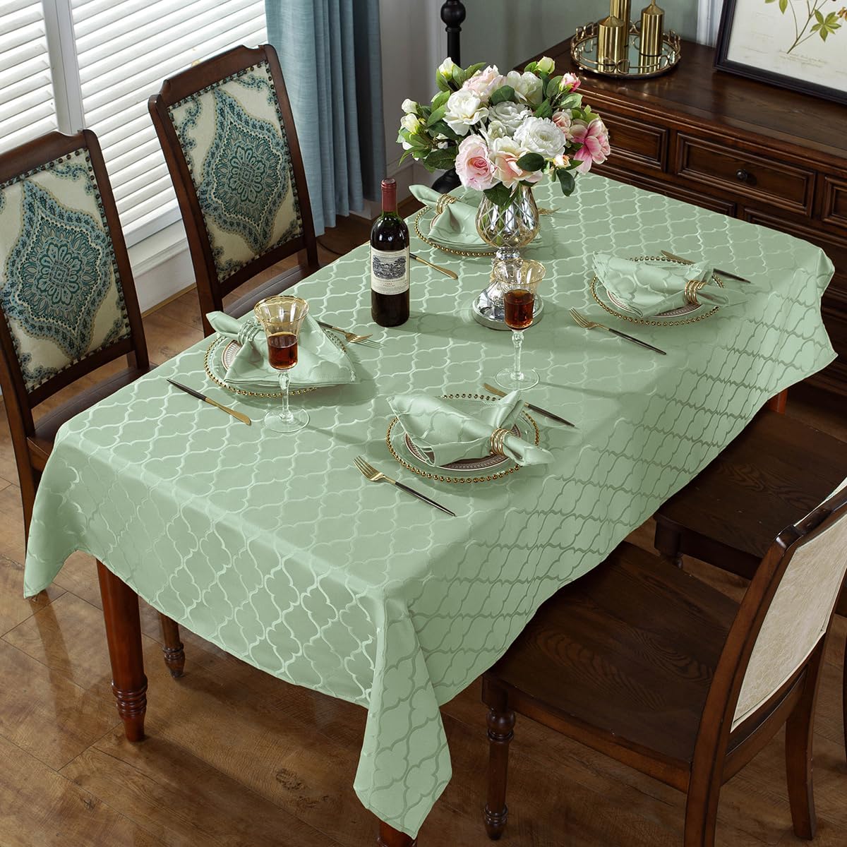 SASTYBALE Jacquard Spring Sage Green Tablecloth, Flower Patterns Table Cloth Spill Proof Wrinkle Resistant Table Cover for Kitchen Dining Tabletop Decoration (Square, 52" x 52" (2-4 Seats))