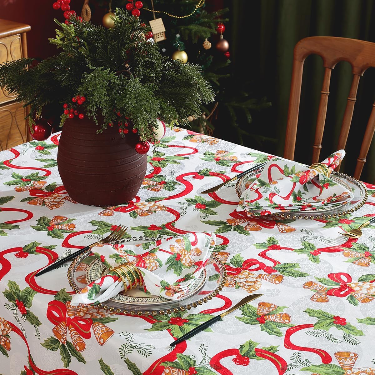 SASTYBALE Christmas Tablecloths Rectangular, Jacquard Table Cloth Printed with Jingle Bells & Holly Leaves, Stain Resistant Table Cover for Holiday Party Picnic Dinner Decor (Rectangle, 52" x 70")