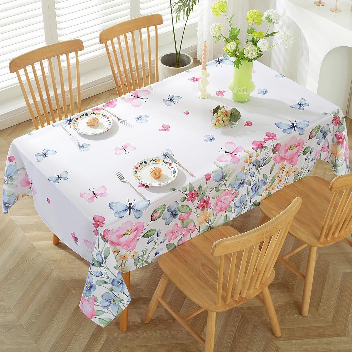 SASTYBALE Spring Summer Floral Tablecloth Rectangle 60 x 84 Inch Wildflower Butterfly Watercolor Table Cloth, Washable Polyester Table Cover for Dining, Party, Picnic, Indoor, Outdoor, Pink