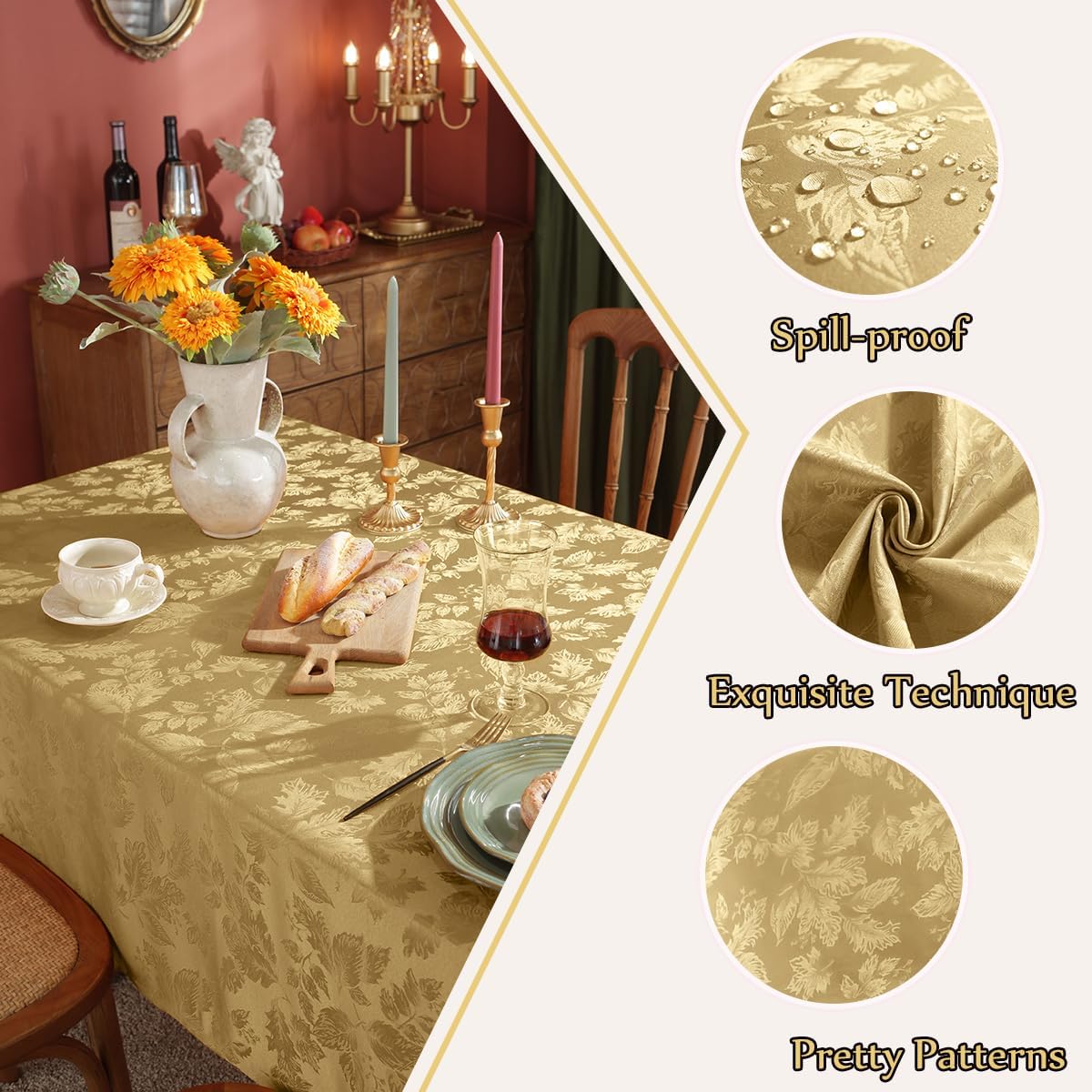 SASTYBALE Autumn Leaves Jacquard Rectangle Tablecloth Waterproof Wrinkle Free Fabric Damask Table Cloth for Fall, Harvest, Thanksgiving, Indoor, Outdoor 60 x 84 Inch Gold