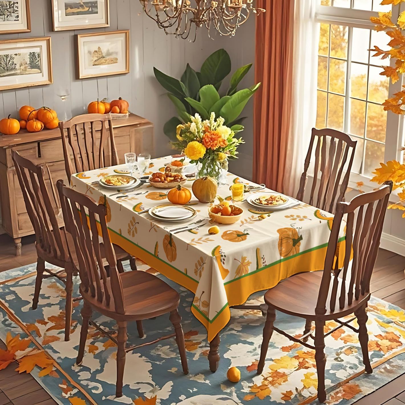 SASTYBALE Fall Tablecloths for Rectangle Tables, Pumpkin Table Cloth with Fall Leaves, Spill Proof & Washable Table Cover for Thanksgiving, Harvest and Fall Decor (Rectangle, 60" x 84")