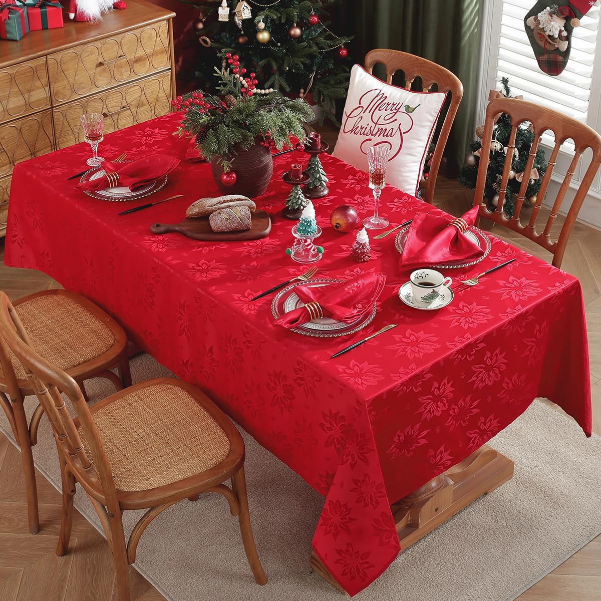 SASTYBALE Christmas Tablecloths Rectangular, Jacquard Xmas Table Cloth with Poinsettia Flowers, Spill Proof Heavy Duty Table Cover for Parties Winter Holiday Decor (Rectangle, 52" x 70", Red)