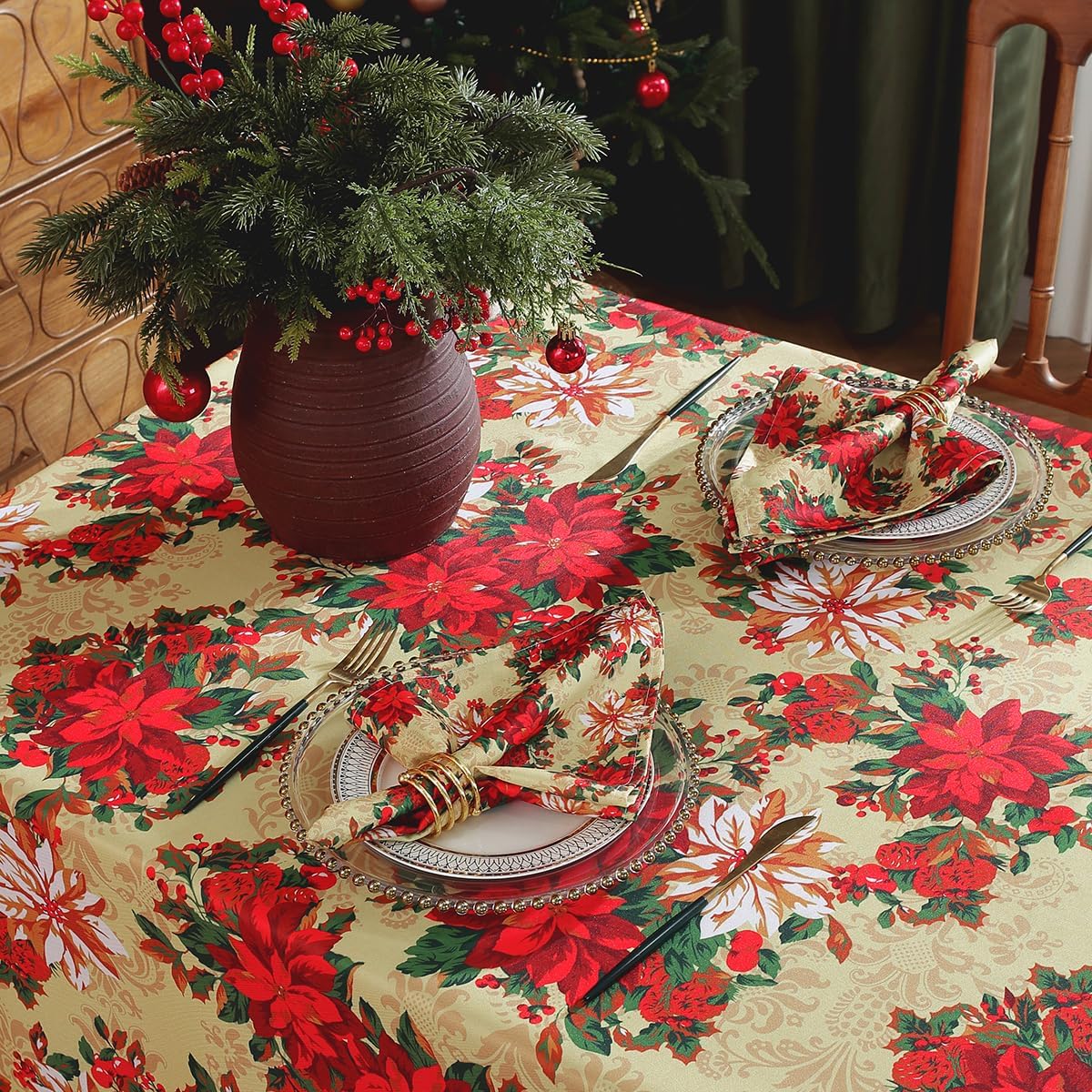 SASTYBALE Christmas Tablecloths Rectangular, Printed Xmas Table Cloth with Poinsettia Flowers and Holly Berries, Spillproof Polyester Table Cover for for Party Winter Holiday (Rectangle, 52" x 70")