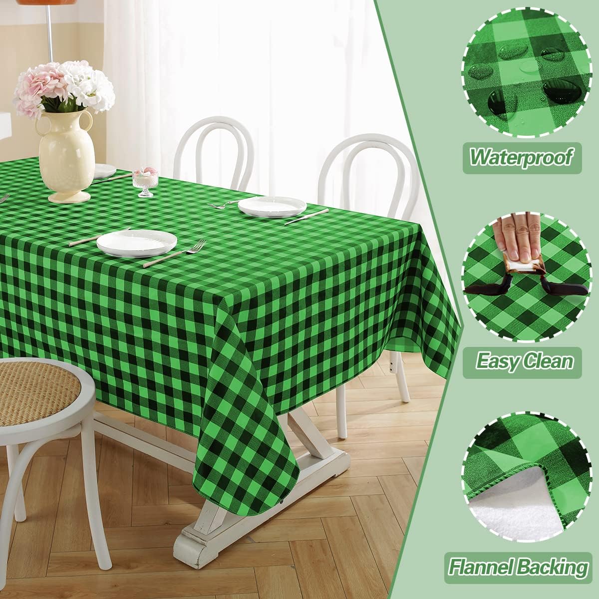 Saint Patricks Day Checkered Vinyl Tablecloth With Flannel Backing Rectangle 60 x 84 Inch, Waterproof & Stain Resistant Heavy Plastic Table Cover for Dining, Party, Indoor, Outdoor, Green and Black