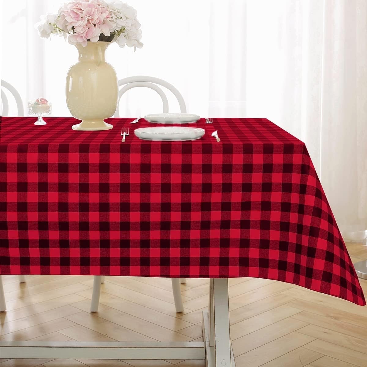 Buffalo Plaid Vinyl Tablecloth With Flannel Backed Rectangle 60 x 120 Inch, Waterproof & Non Slip Checkered Tablecloths, Plastic Table Cover for Dining, Party, Indoor, Outdoor, Black and White
