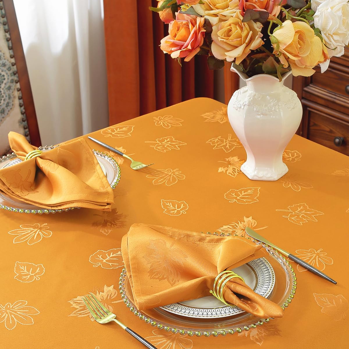 Fall Tablecloth Spillproof Heavy Duty Fabric Jacquard Table Cloth with Maple Leaves Design for Thanksgiving, Harvest Holidays 52"x52" Amber