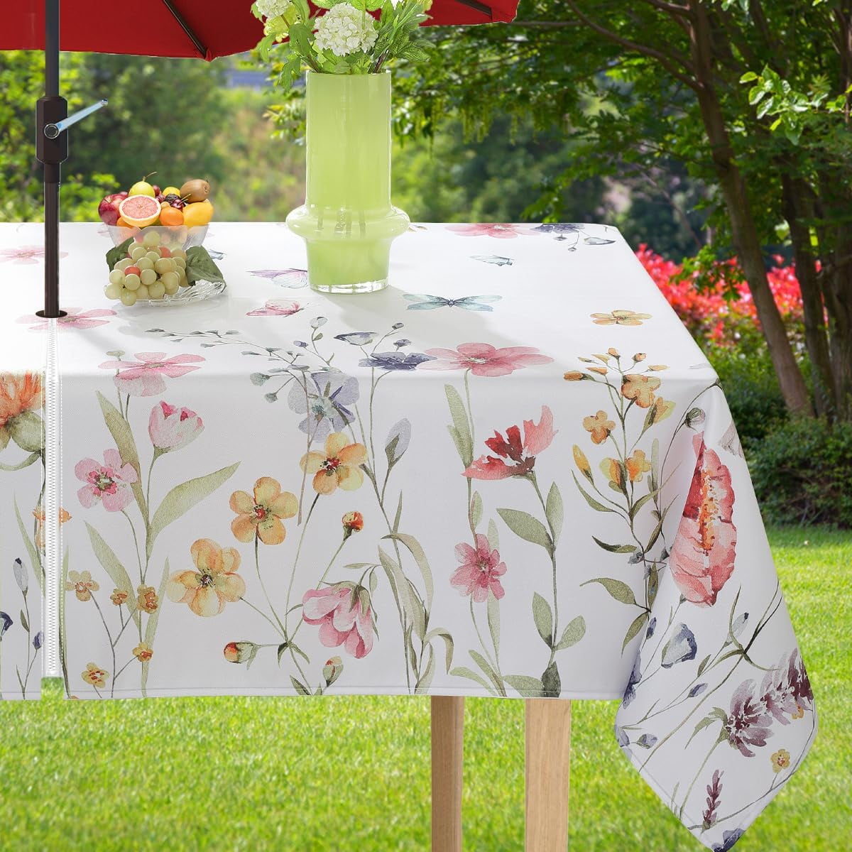 Spring Summer Floral Tablecloth with Umbrella Hole Rectangle 52 x 70 Inch Blooming Flower Watercolor Zippered Table Cloth, Washable Fabric Table Cover for Dining, Party, Picnic, Outdoor, Pink