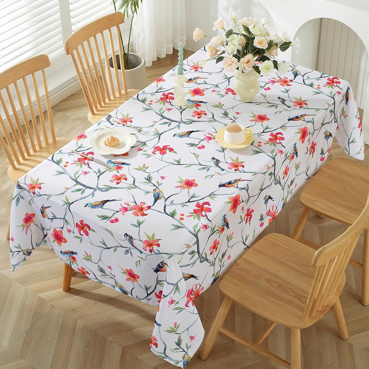SASTYBALE Spring Summer Tablecloth for Rectangle Tables, Vibrant Floral Table Cloth with Birds & Branches, Stain Resistant Table Cover for Spring Summer Picnic Outdoor Decor (Rectangle, 52" x 70")