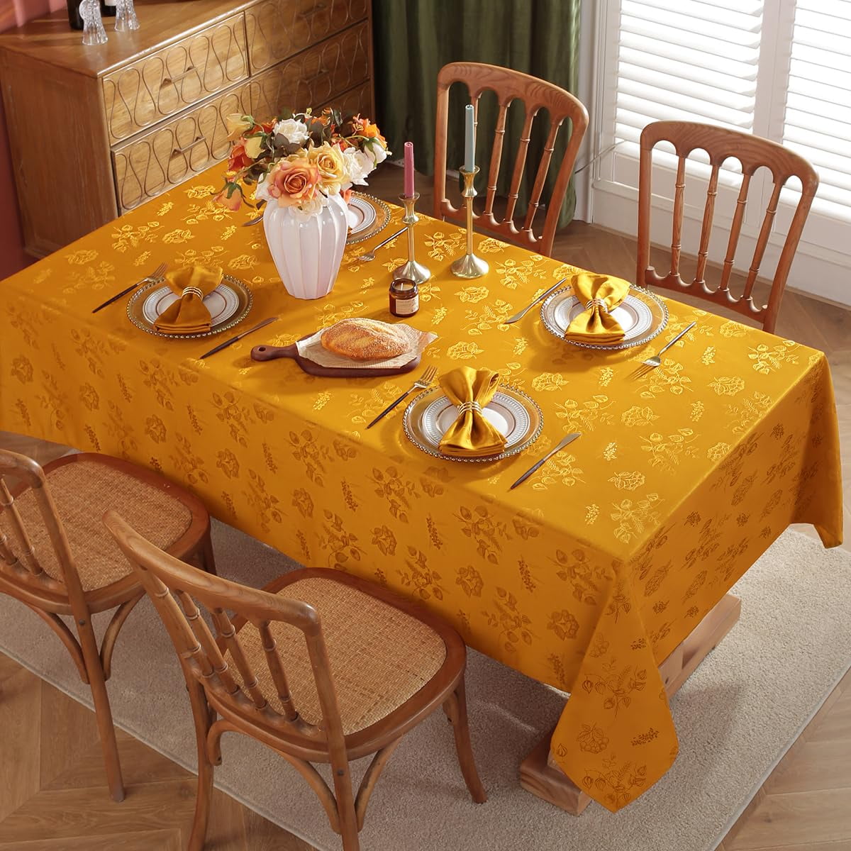 Fall Jacquard Tablecloth Elegant Damask Fabric Thanksgiving Table Cloth, Spillproof Wrinkle Resistant Vintage Table Cover for Harvest, 52 x 52 Inch Amber