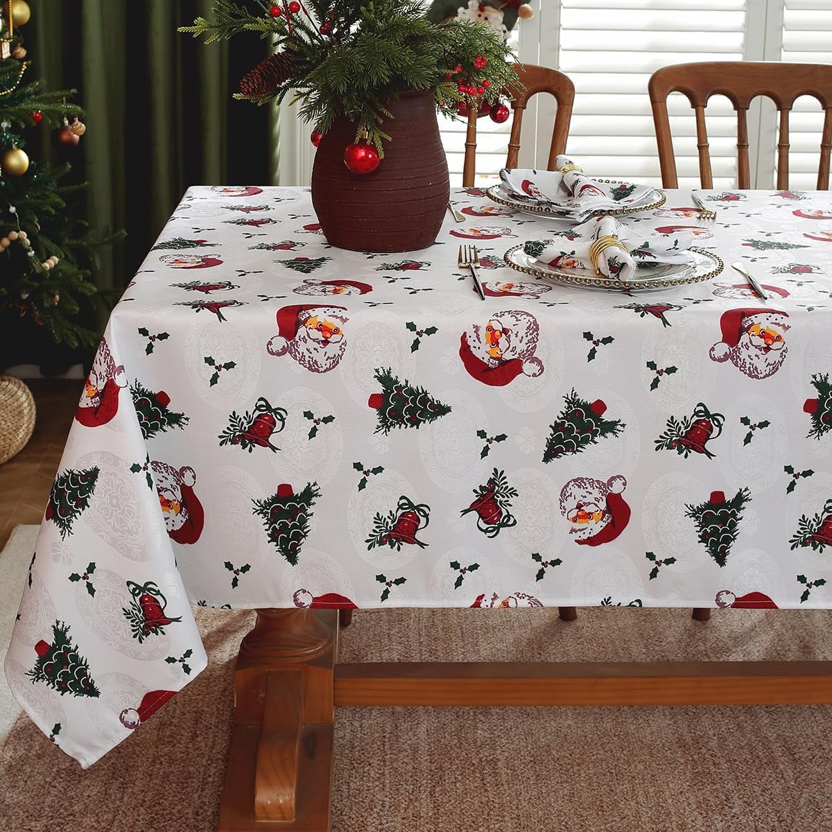SASTYBALE Christmas Tablecloth Jingle Bells Holly Berry Jacquard Waterproof Wrinkle Free Damask Table Cloths, Fabric Table Cover for Xmas, Holiday, Winter, Party