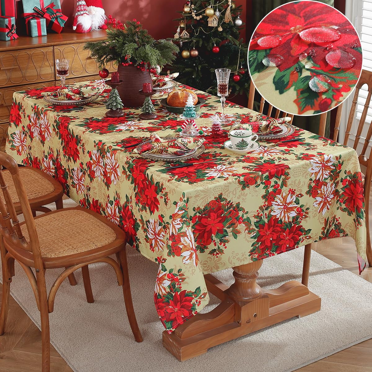SASTYBALE Christmas Tablecloths Rectangular, Printed Xmas Table Cloth with Poinsettia Flowers and Holly Berries, Spillproof Polyester Table Cover for for Party Winter Holiday