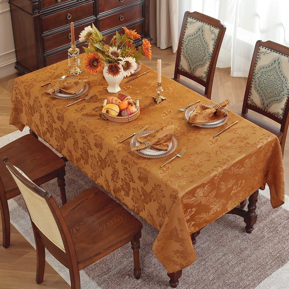 SASTYBALE Fall Tablecloths for Rectangle Tables - 60x84 Inch Brown Maple Leaves Jacquard Tablecloth, Vintage, Spill-Proof & Wrinkle Free for Thanksgiving Feasts, Harvest Celebrations, Cozy Dinners