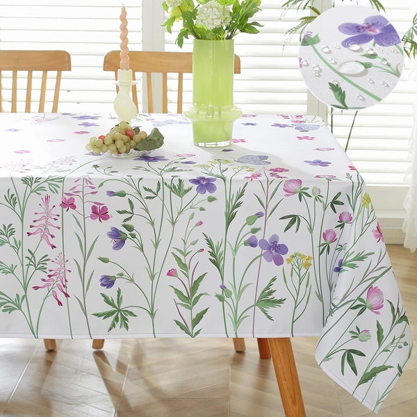 Spring Summer Tablecloth Rectangle 52 x 70 Inch Watercolor Wild Flowers Plants Floral Table Cloth, Wrinkle Free Spill Proof Fabric Table Cover for Dining, Party, Picnic, Indoor, Outdoor, Green