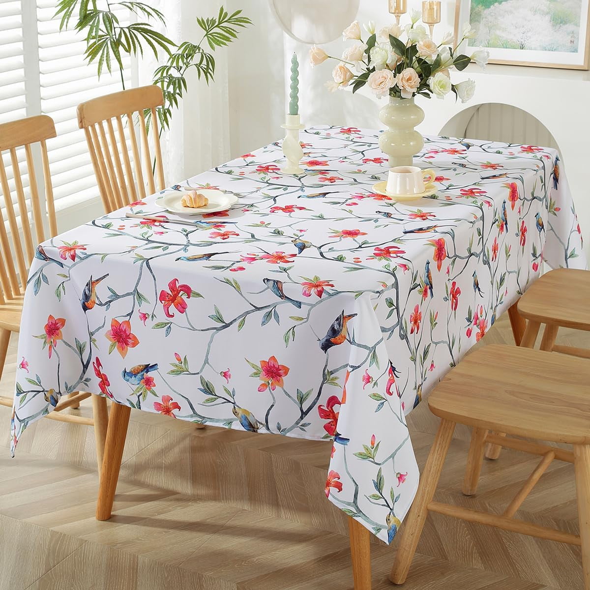 SASTYBALE Spring Summer Tablecloth for Rectangle Tables, Vibrant Floral Table Cloth with Birds & Branches, Stain Resistant Table Cover for Spring Summer Picnic Outdoor Decor (Rectangle, 52" x 70")