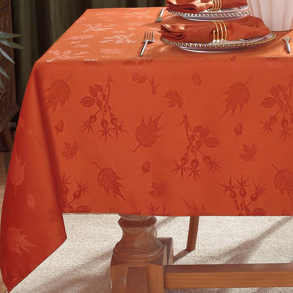 Tablecloth Rectangular 52X52 inches,Spillproof Wrinkle Free Soft Autumn Jacquard Table Cloth for Thanksgiving Fall Friendsgiving Harvest Holiday Dinner, Rust