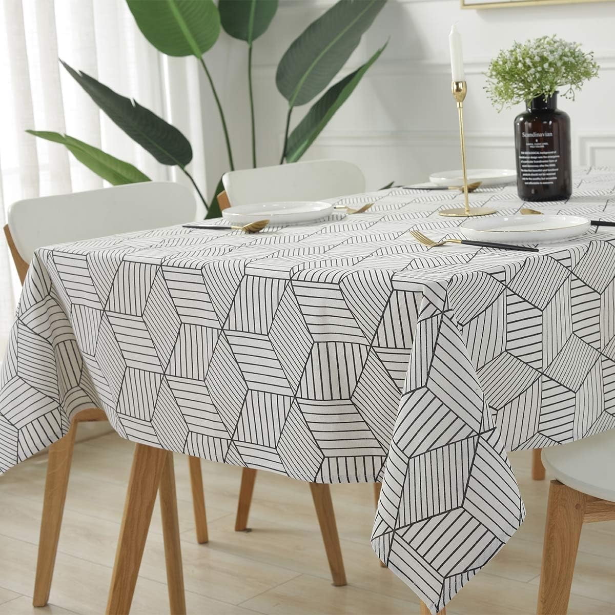 SASTYBALE Square Tablecloth Geometric Style Cotton Linen Table Cloth Dust-Proof Table Cover for Kitchen Dinning Tabletop Decoration (Square/Round, 55" x 55" (2-4 Seats))