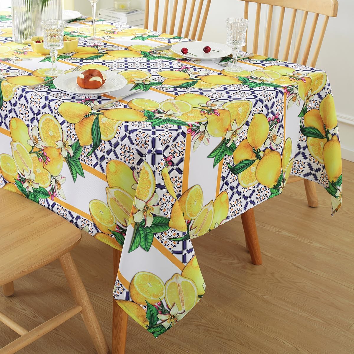 SASTYBALE Outdoor Tablecloth with Umbrella Hole, Stain Resistant Summer Lemon Table Cloth Geometric Vintage Pattern, Washable Patio Table Cover for Party Picnic Dinner Decor (Rectangle, 60" x 102")
