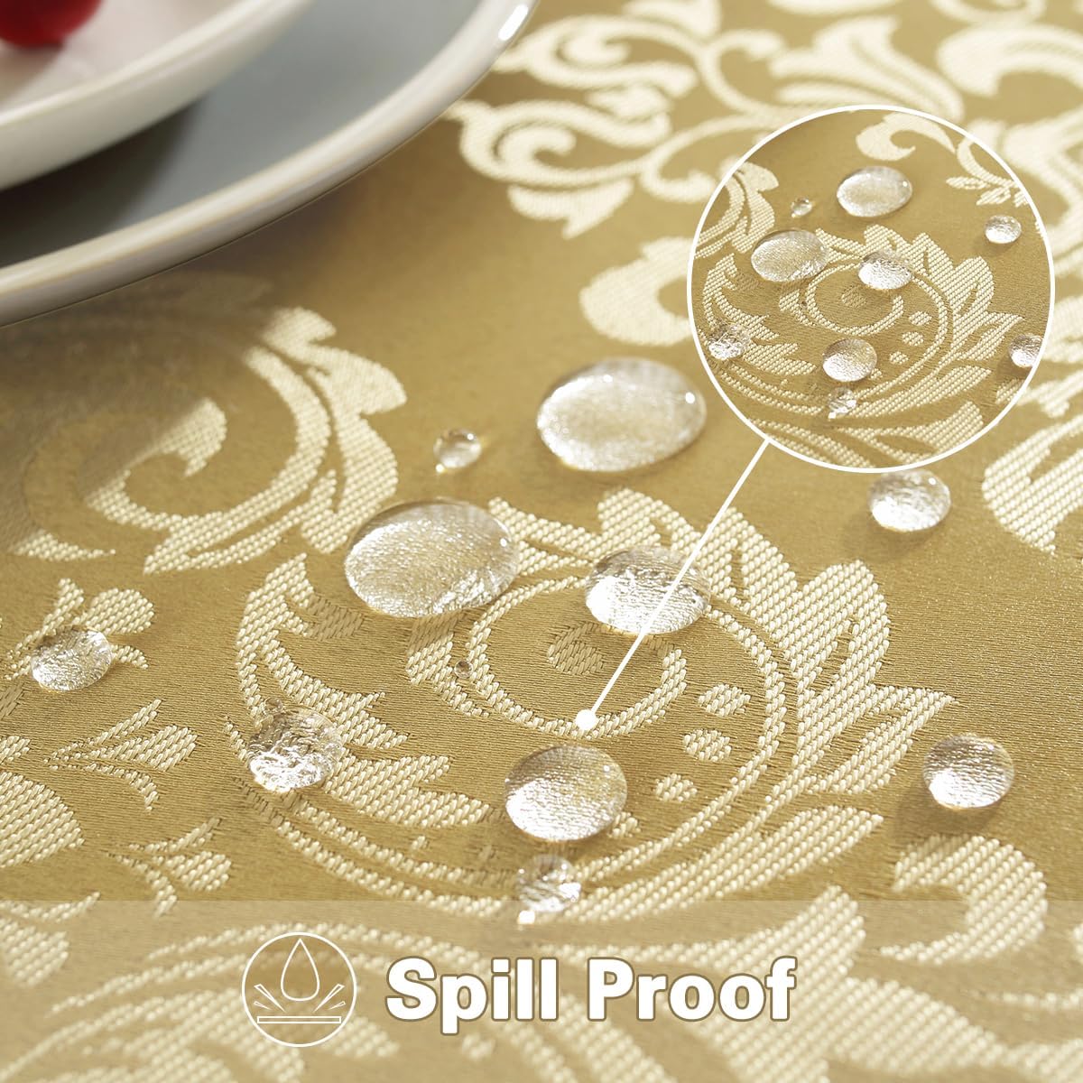 SASTYBALE Damask Gold Tablecloth for Square Tables 52 x 52 Inch, Floral Jacquard Spill Proof Wrinkle Free Table Cloth, Polyester Table Cover for Dinner/Party/Indoor/Outdoor