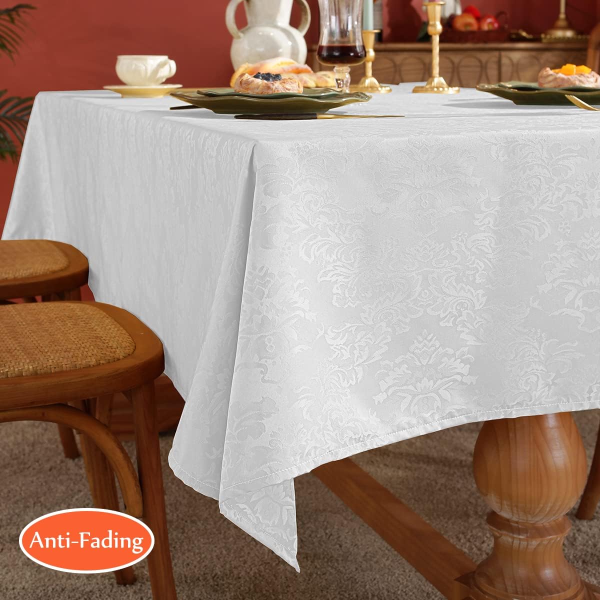 SASTYBALE Jacquard Spring White Tablecloth for Rectangle Tables, Spill-Proof & Wrinkle Free Damask Fabric Table Cover with Floral Patterns for Table Decorations (Rectangle, 52" x 70", White)