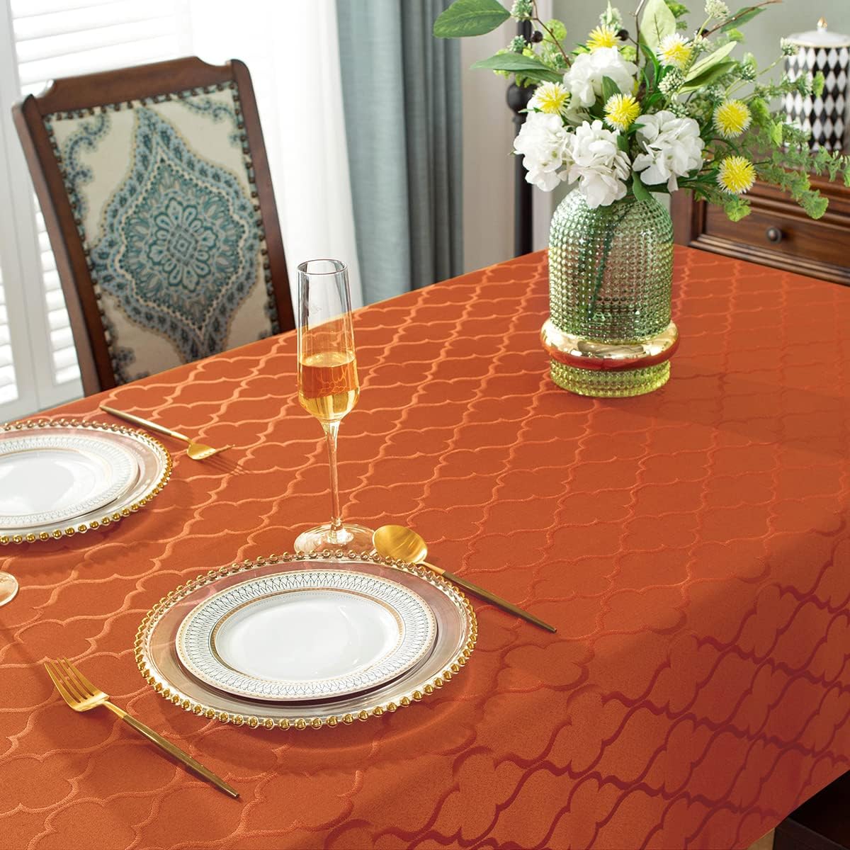 SASTYBALE Jacquard Tablecloth Flower Pattern Polyester Table Cloth Spill Proof Wrinkle Resistant Table Cover for for Fall, Christmas, Harvest Decor (Rectangle/Oblong, 52" x 70" (4-6 Seats),Rust)