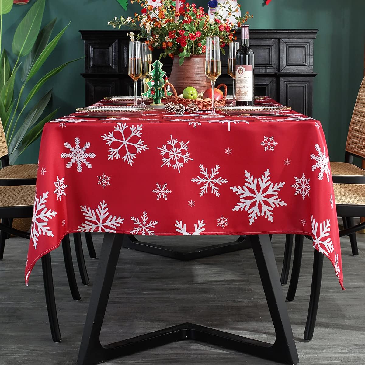 SASTYBALE Christmas Tablecloth Rectangle, Table Cloth with Snowflake Decorations, Heavy Weight & Spillproof Table Cover for Dining, Party & Holidays (Snow Patterns, Rectangle, 52" x 70" (4-6 Seats))