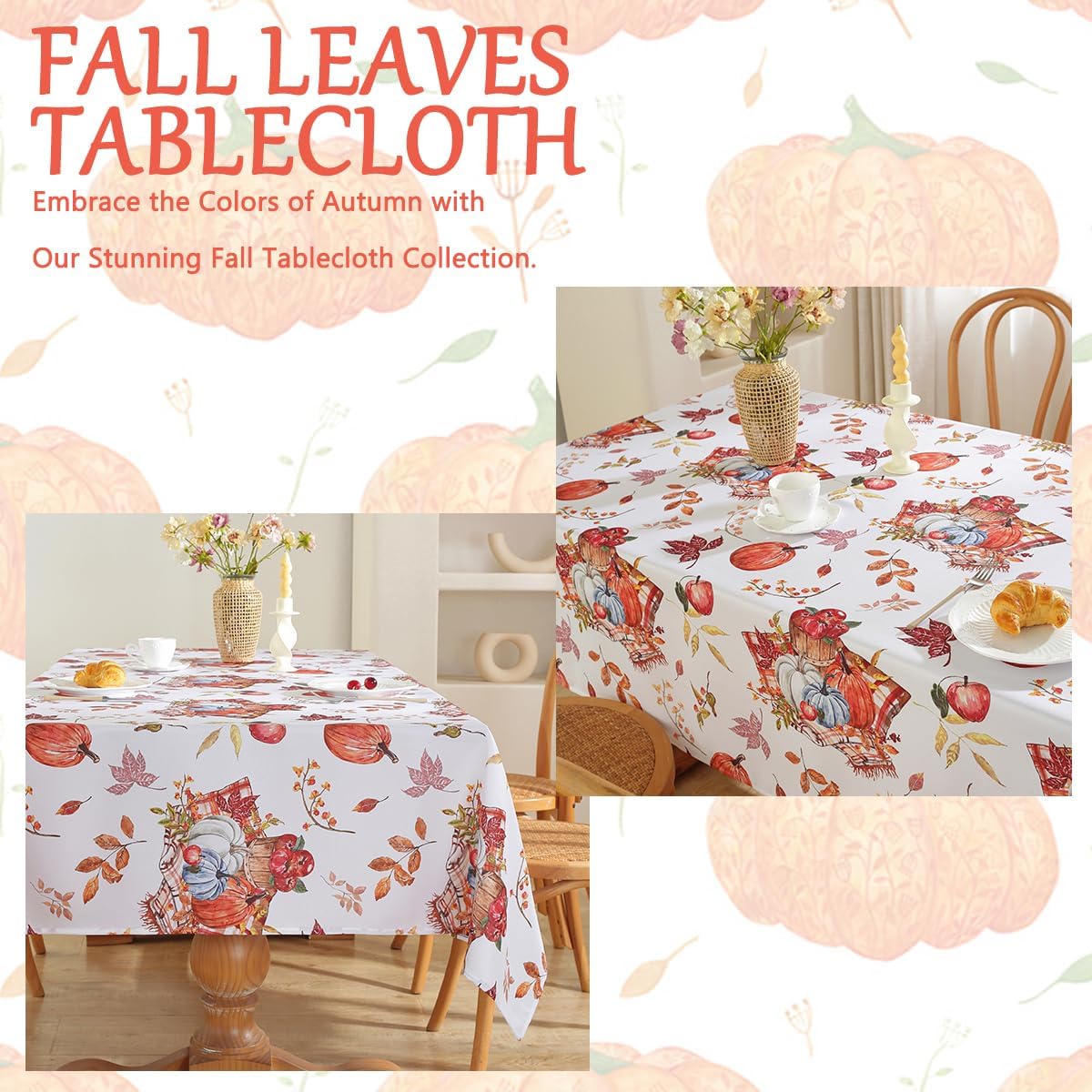 SASTYBALE Fall Pumpkin Tablecloth Rectangle, Holiday Table Cloth with Printed Watercolor Pumpkins & Fall Leaves, Spill Proof Table Cover for Harvest Thanksgiving Table Decor (Rectangle, 60" x 102")