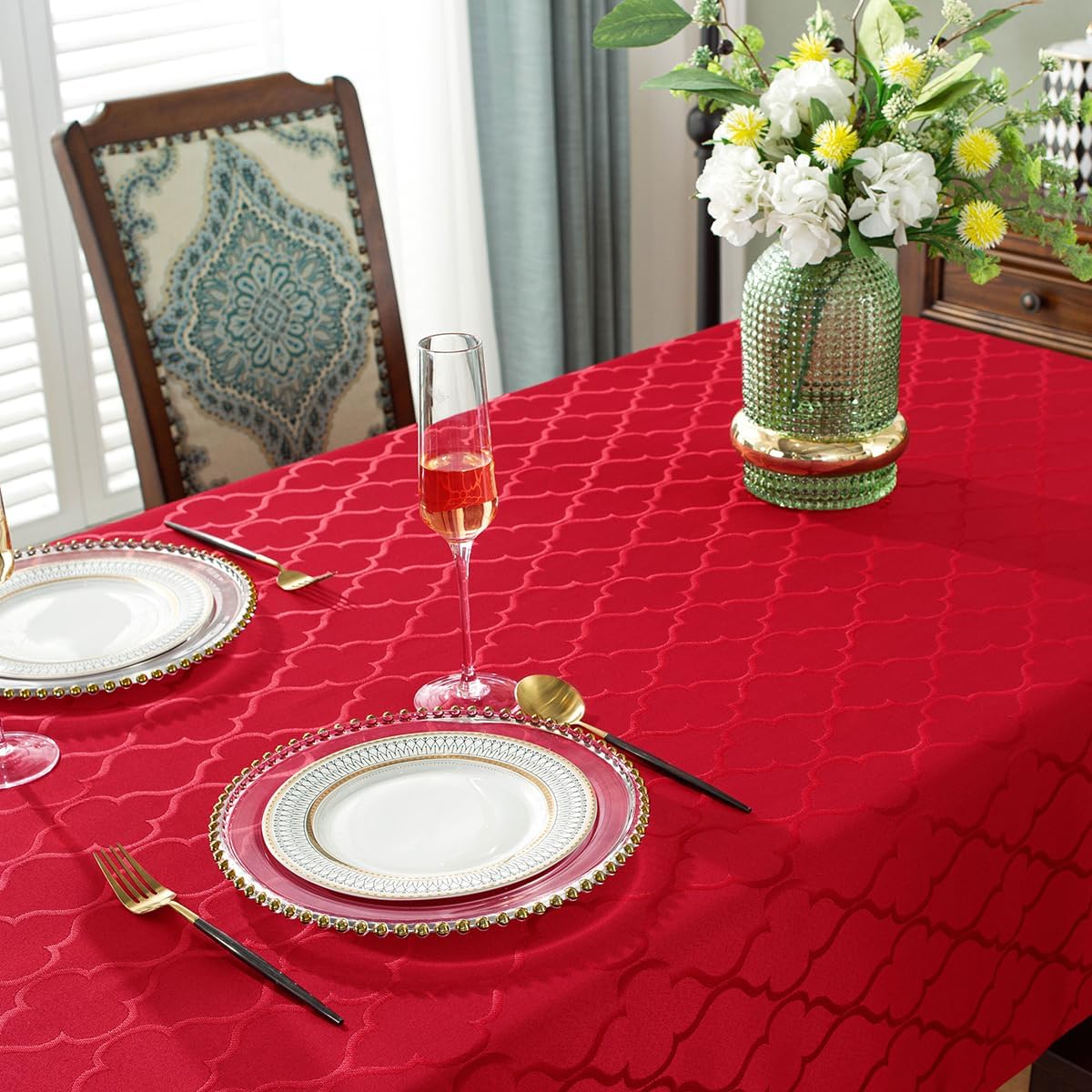 SASTYBALE Jacquard Christmas Tablecloth Flower Pattern Polyester Christmas Table Cloth Spill Proof Wrinkle Resistant Table Cover for Xmas Holiday Party Decor (Rectangle, 52" x 70" (4-6 Seats),Red)