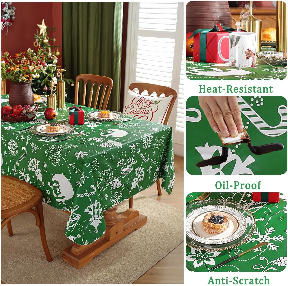 SASTYBALE Christmas Plastic Tablecloth Rectangle, Waterproof Vinyl Christmas Table Cloth with Flannel Backing, Wipeable Xmas Table Cover for Winter Holiday Party Decor (Rectangle, 52" x 70", Green)