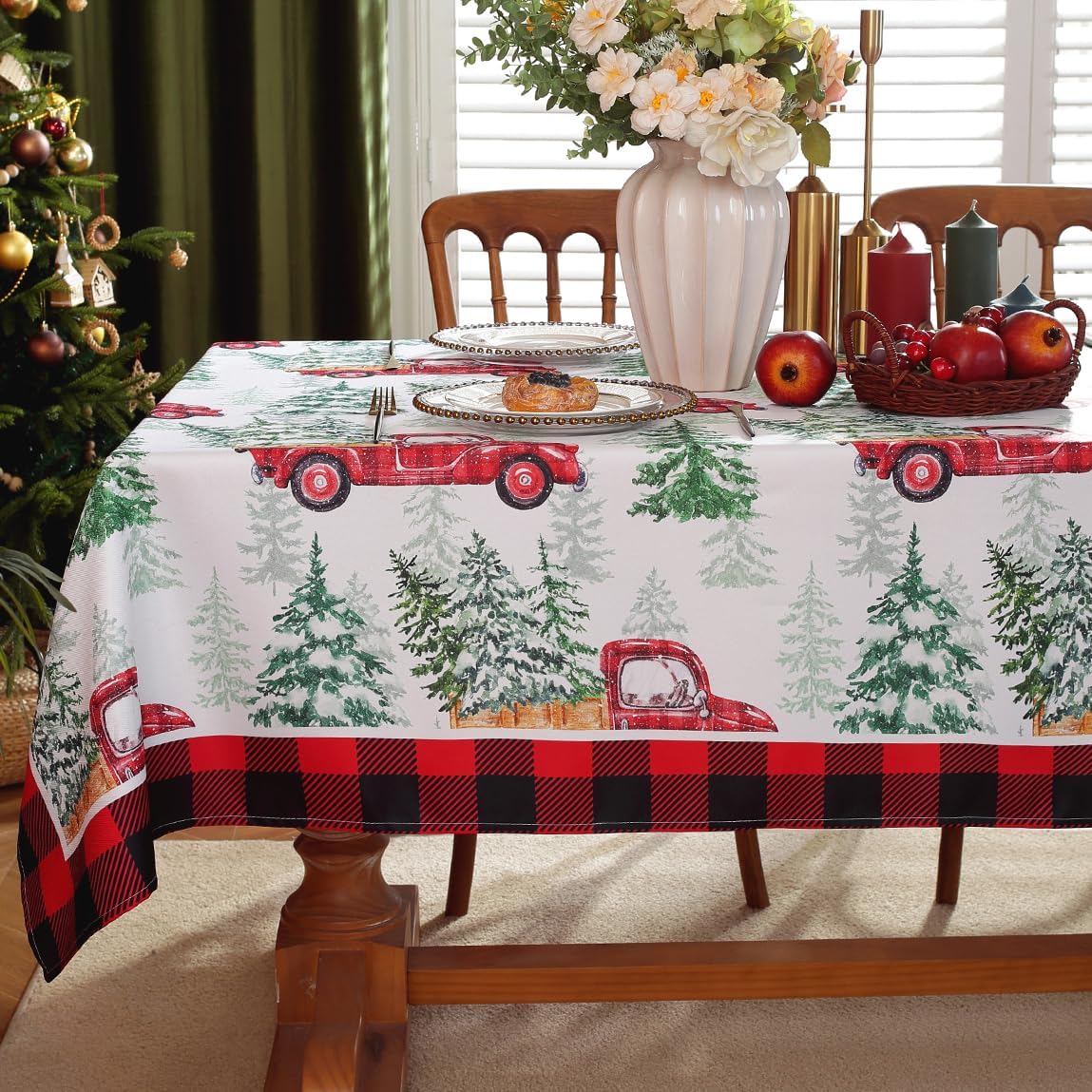 SASTYBALE Christmas Tablecloth Rectangle, Water Resistant Christmas Table Cloth with Printed Christmas Trees & Trucks, Polyester Table Covers for Xmas, Holiday, Winter (Rectangle, 60" x 102", White)