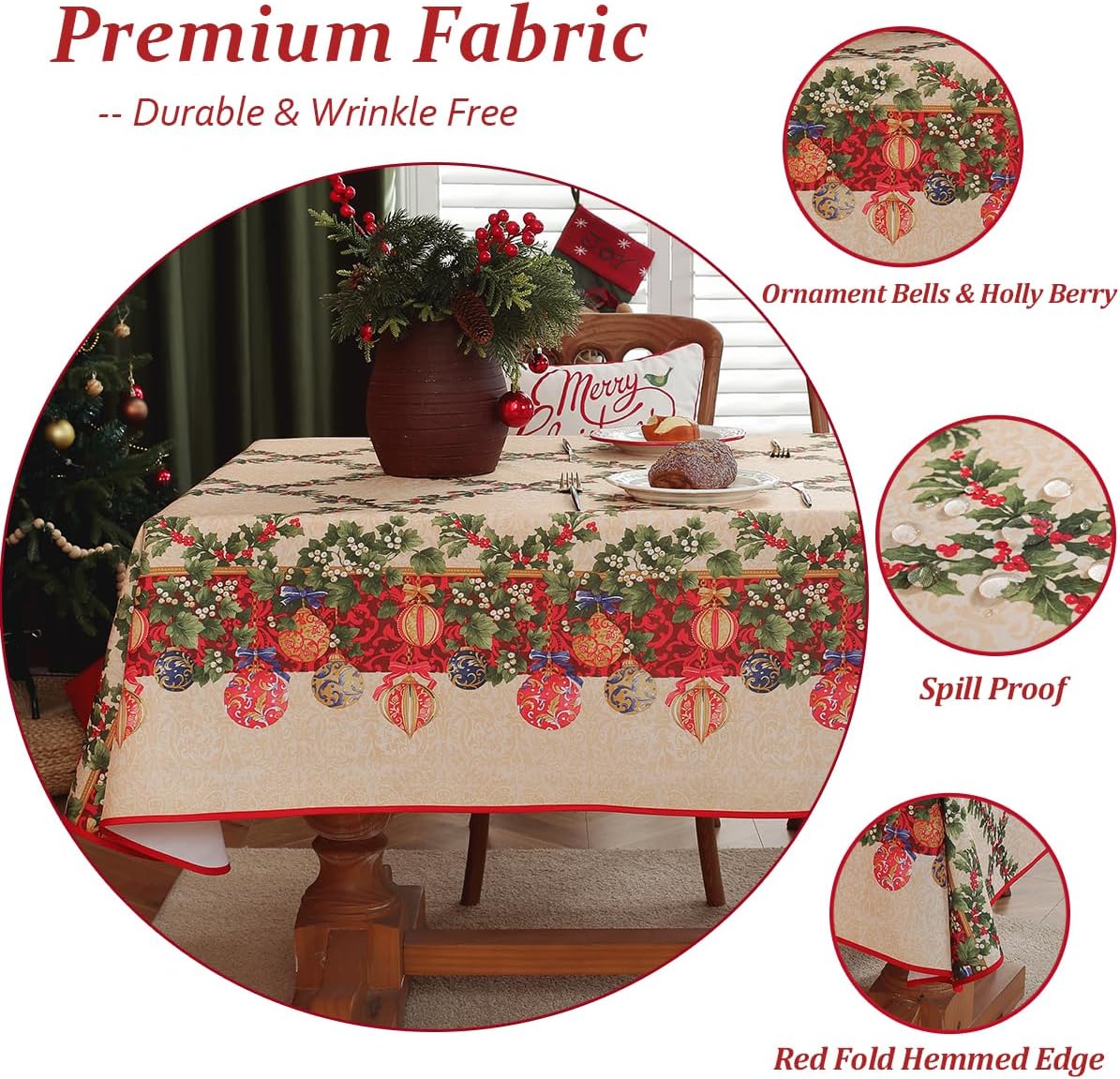 SASTYBALE Christmas Tablecloth Rectangle 52 x 70 Inch Spill Proof Holly Berry Festival Xmas Ornament Ball Vintage Table Cloth, Santa Fabric Table Cover for Holiday, Winter, Dining, Party, Red/Beige