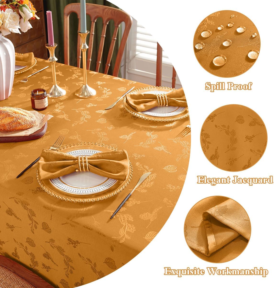 SASTYBALE Jacquard Tablecloth Rectangle 52 x 70 Inch Spill Proof Wrinkle Free Autumn Ginkgo Leaves Damask Dining Table Cloths, Fabric Table Cover for Fall Thanksgiving Harvest, Holiday Parties, Amber