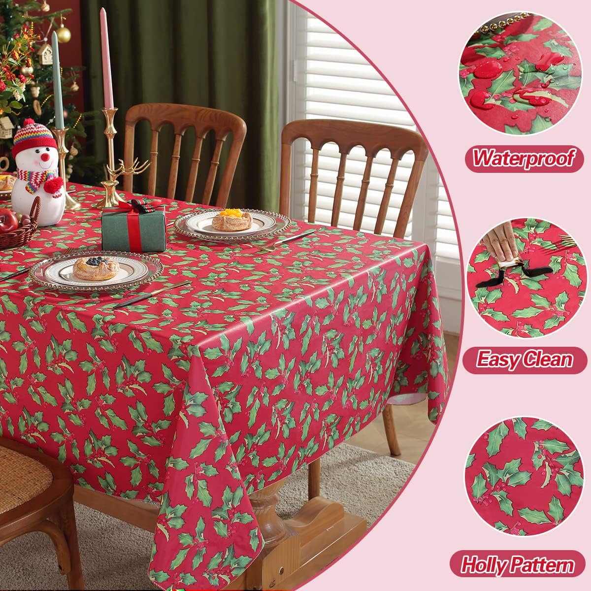 SASTYBALE Christmas Tablecloth Rectangle Vinyl Flannel Backing, Floral Holly & Berry Print Waterproof Plastic Heavy Table Cloth for Dining, Buffet Party & Outdoor Decorations, 52 x 70 Inch Red