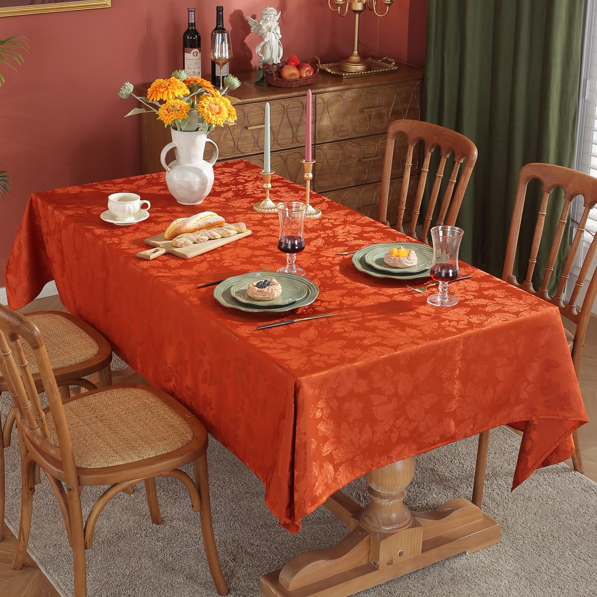 Maple Leaves Jacquard Tablecloth Rectangle Spill Proof Wrinkle Resistant Table Cloth for Fall Thanksgiving Autumn Harvest Table Cover 60 x 102 Inch Rusty