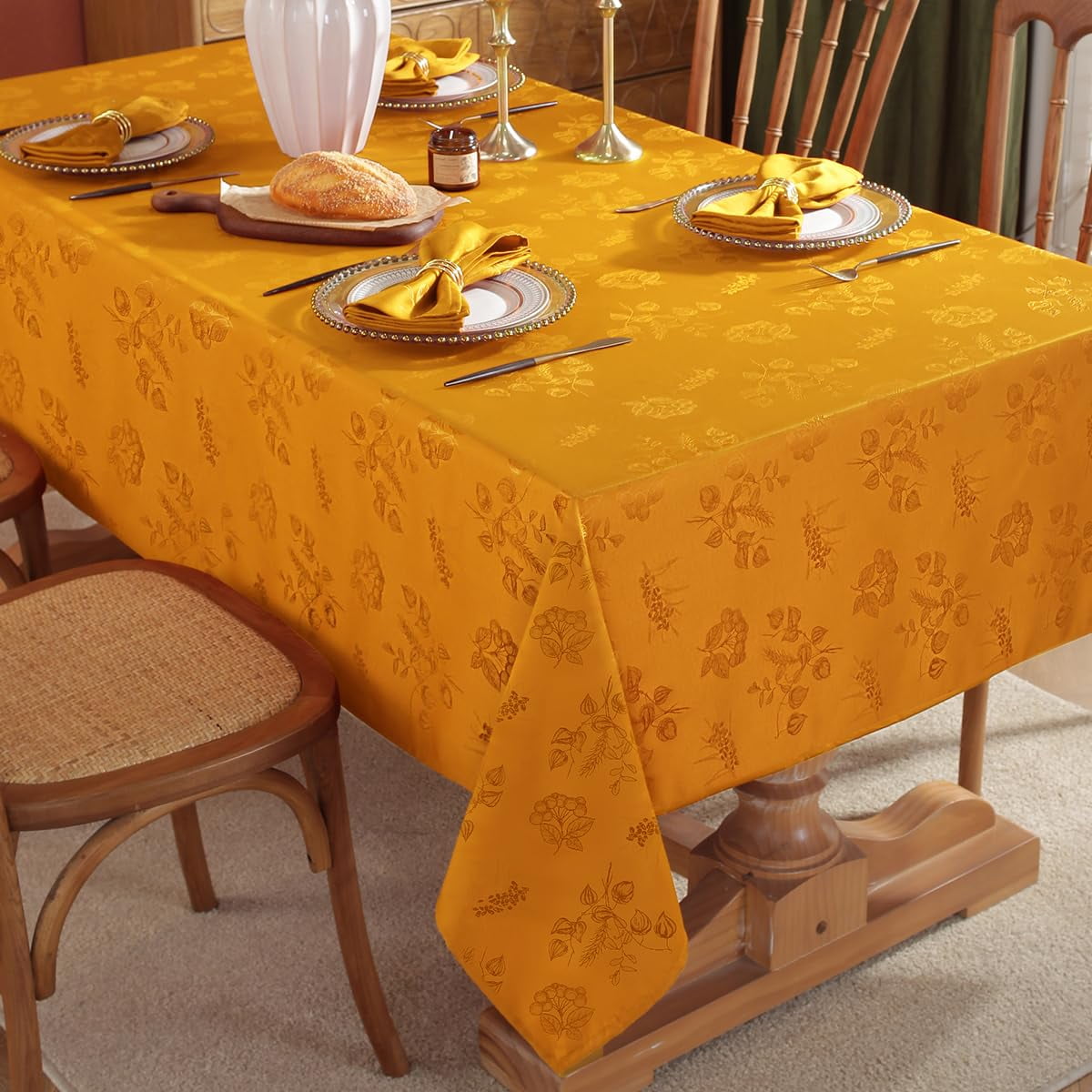 Fall Jacquard Tablecloth Elegant Damask Fabric Thanksgiving Table Cloth, Spillproof Wrinkle Resistant Vintage Table Cover for Harvest, 52 x 52 Inch Amber