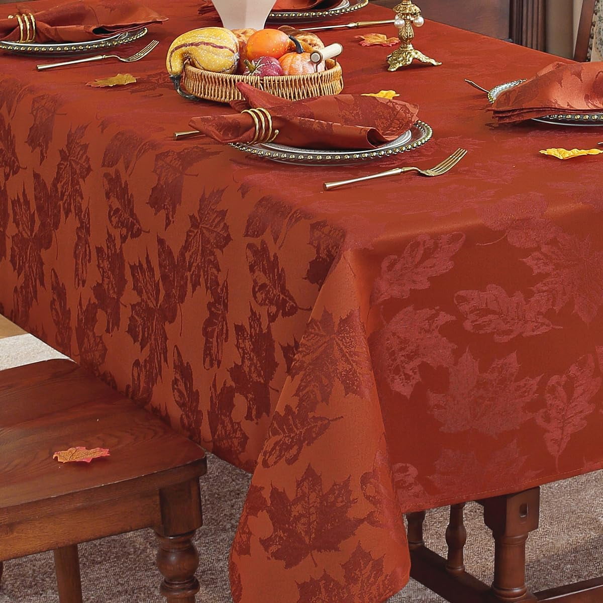 SASTYBALE 60x84 Inch Burgundy Maple Leaves Tablecloth - Spill-Proof Wrinkle-Free Vintage Jacquard for Thanksgiving Dinners & Harvest Gatherings