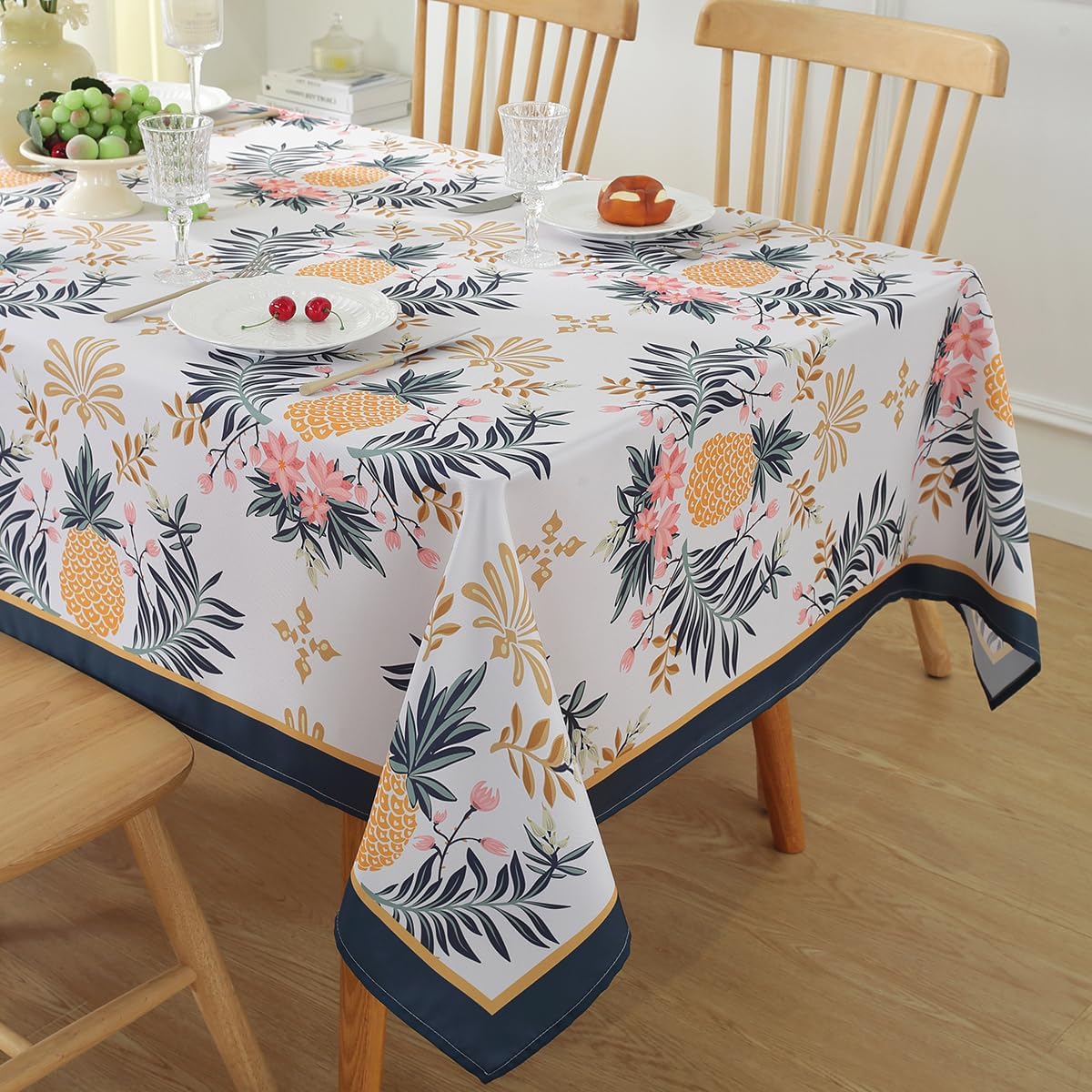 SASTYBALE Outdoor Tablecloth with Umbrella Hole and Zipper, Floral Table Cloth with Pineapple Pattern, Spill Proof Patio Table Cover for Summer Picnic Indoor Outdoor Tables (Rectangle, 60" x 84")