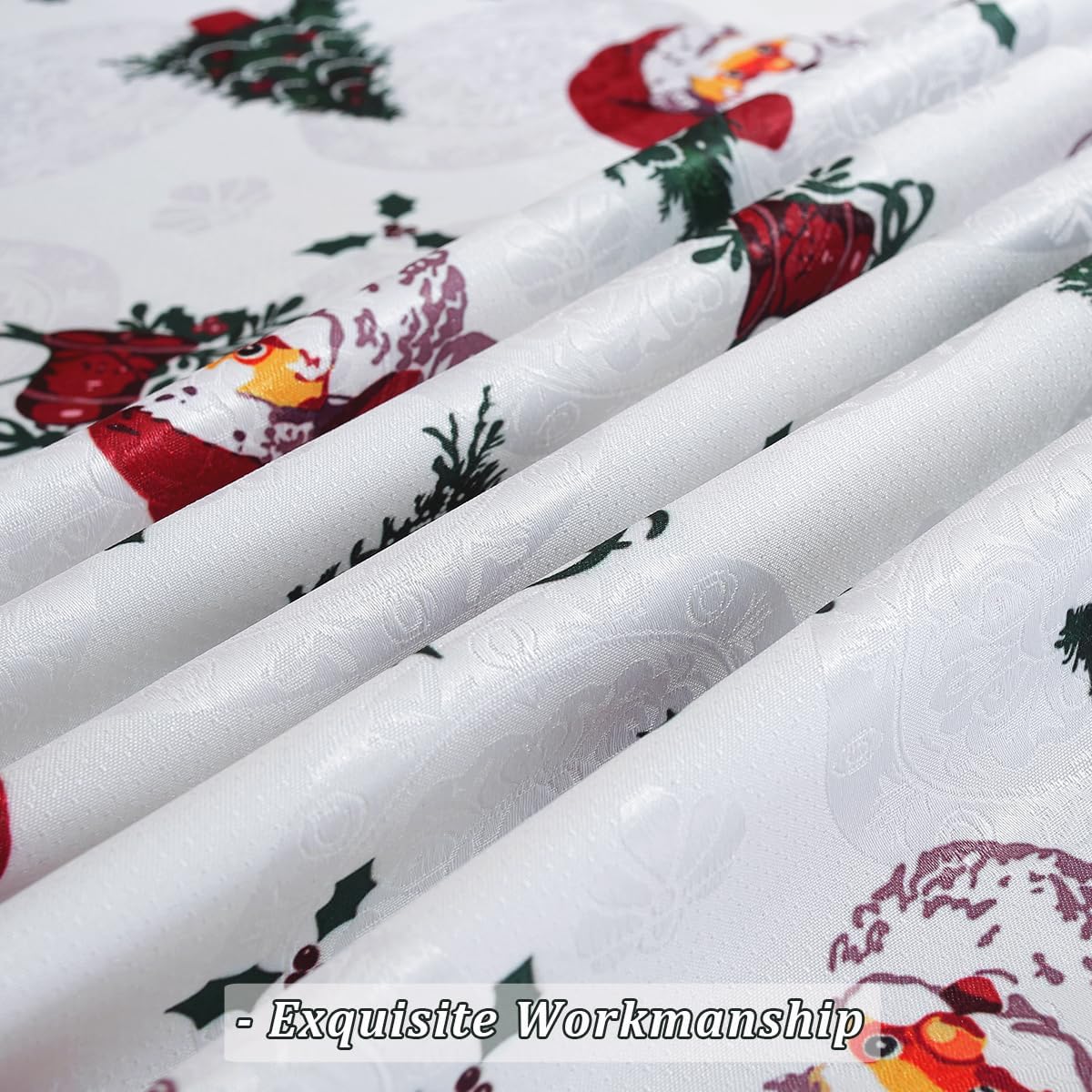 Christmas Tablecloth Rectangle 52 x 70 Inch Spill Proof Wrinkle Free Red Santa Claus Holly Berry Xmas Tree Jacquard Table Cloth, Damask Fabric Table Cover for Holiday, Winter Decoration, White