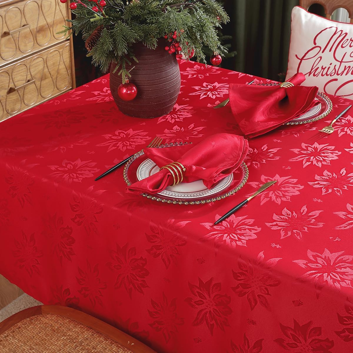 SASTYBALE Christmas Tablecloths Rectangular, Jacquard Xmas Table Cloth with Poinsettia Flowers, Spill Proof Heavy Duty Table Cover for Parties Winter Holiday Decor (Rectangle, 52" x 70", Red)