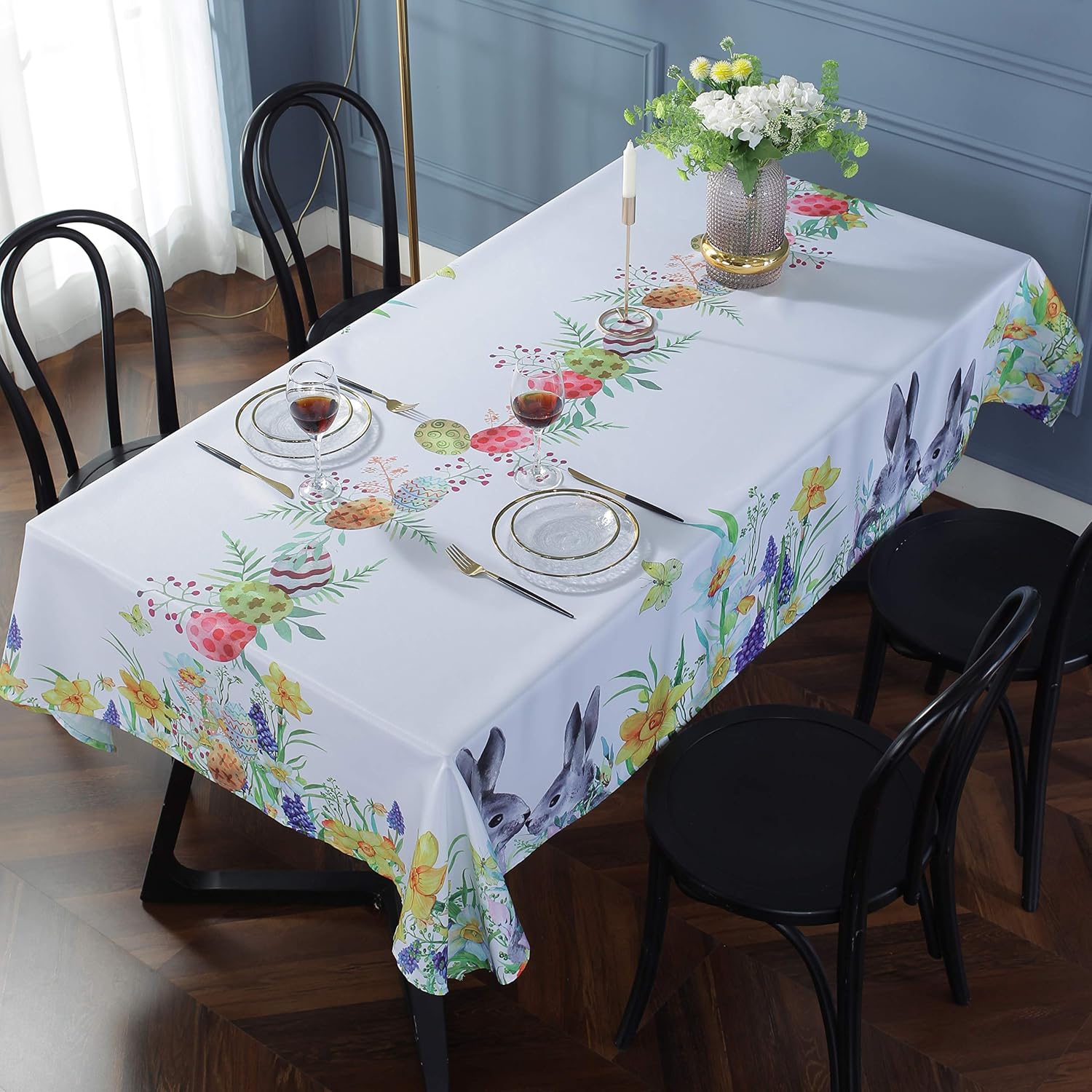 SASTYBALE Easter Tablecloth Wrinkle Free and Stain Resistant Rectangle Fabric Table Cover Spring Flowers Table Cloth for Dining Room Party Table Decoration (Rectangle/Oblong, 52" x 70" (4-6 Seats)