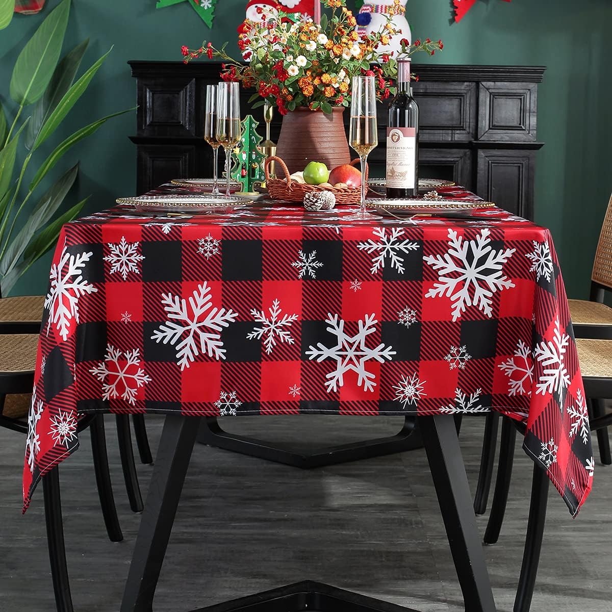 Christmas Tablecloth Rectangle, Plaid Table Cloth with Snowflake Decorations, Heavy Weight & Spillproof Table Cover for Dining, Party & Holidays (Snow Patterns, Rectangle, 52" x 70" (4-6 Seats))