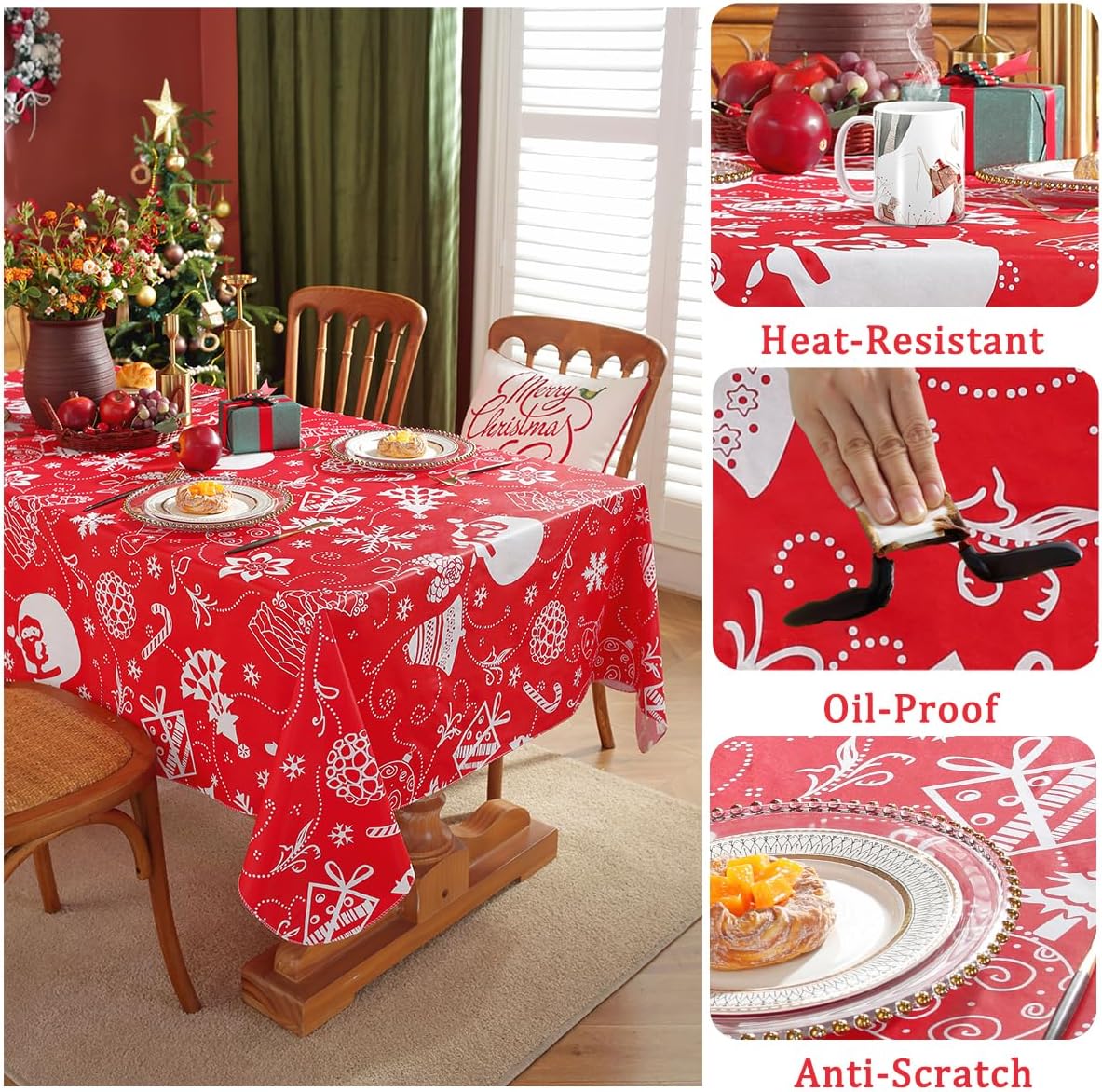 SASTYBALE Christmas Plastic Tablecloth Rectangle, Waterproof Vinyl Christmas Table Cloth with Flannel Backing, Wipeable Xmas Table Cover for Winter Holiday Party Decor (Rectangle, 52" x 70", Red)