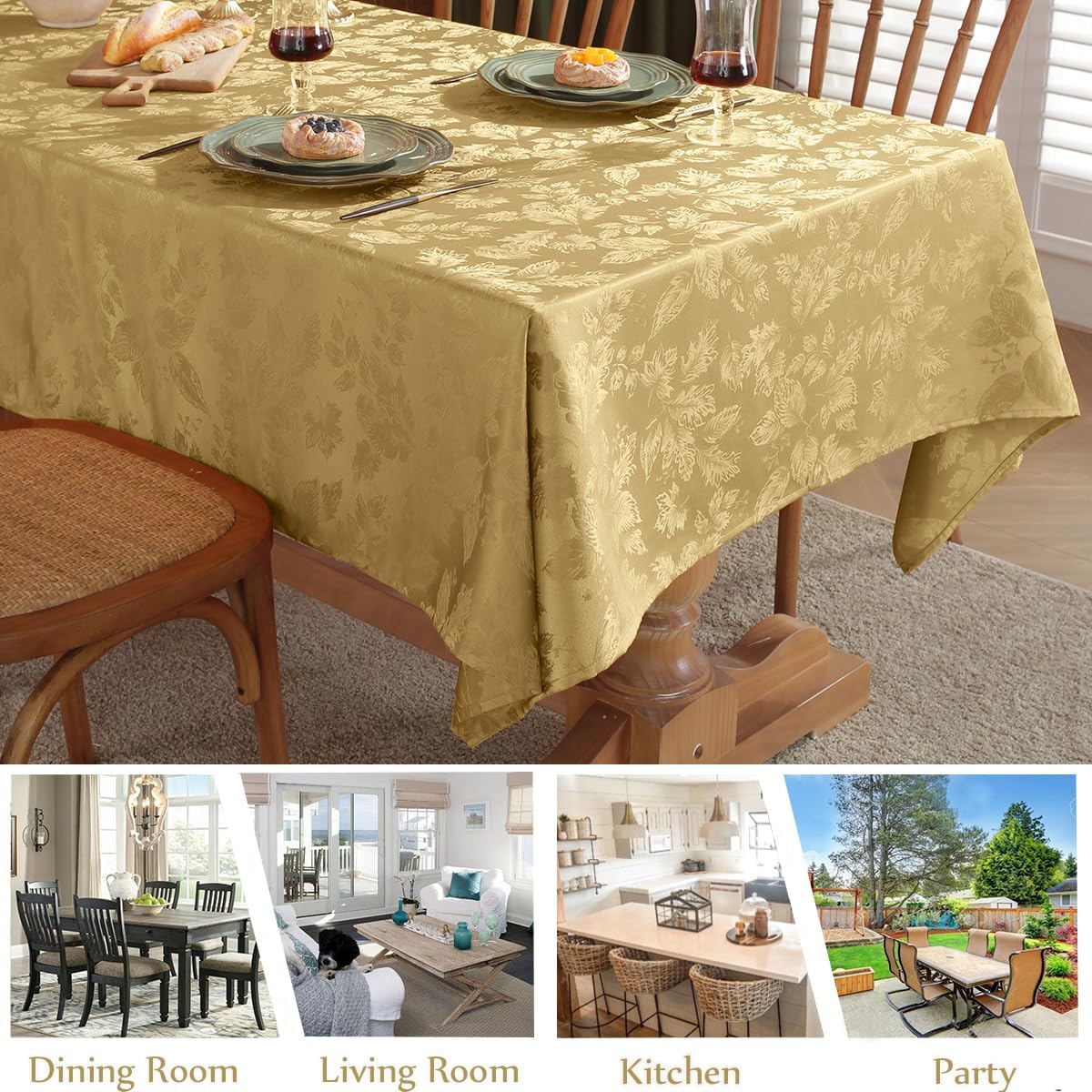 SASTYBALE Autumn Leaves Jacquard Rectangle Tablecloth Waterproof Wrinkle Free Fabric Damask Table Cloth for Fall, Harvest, Thanksgiving, Indoor, Outdoor 60 x 84 Inch Gold