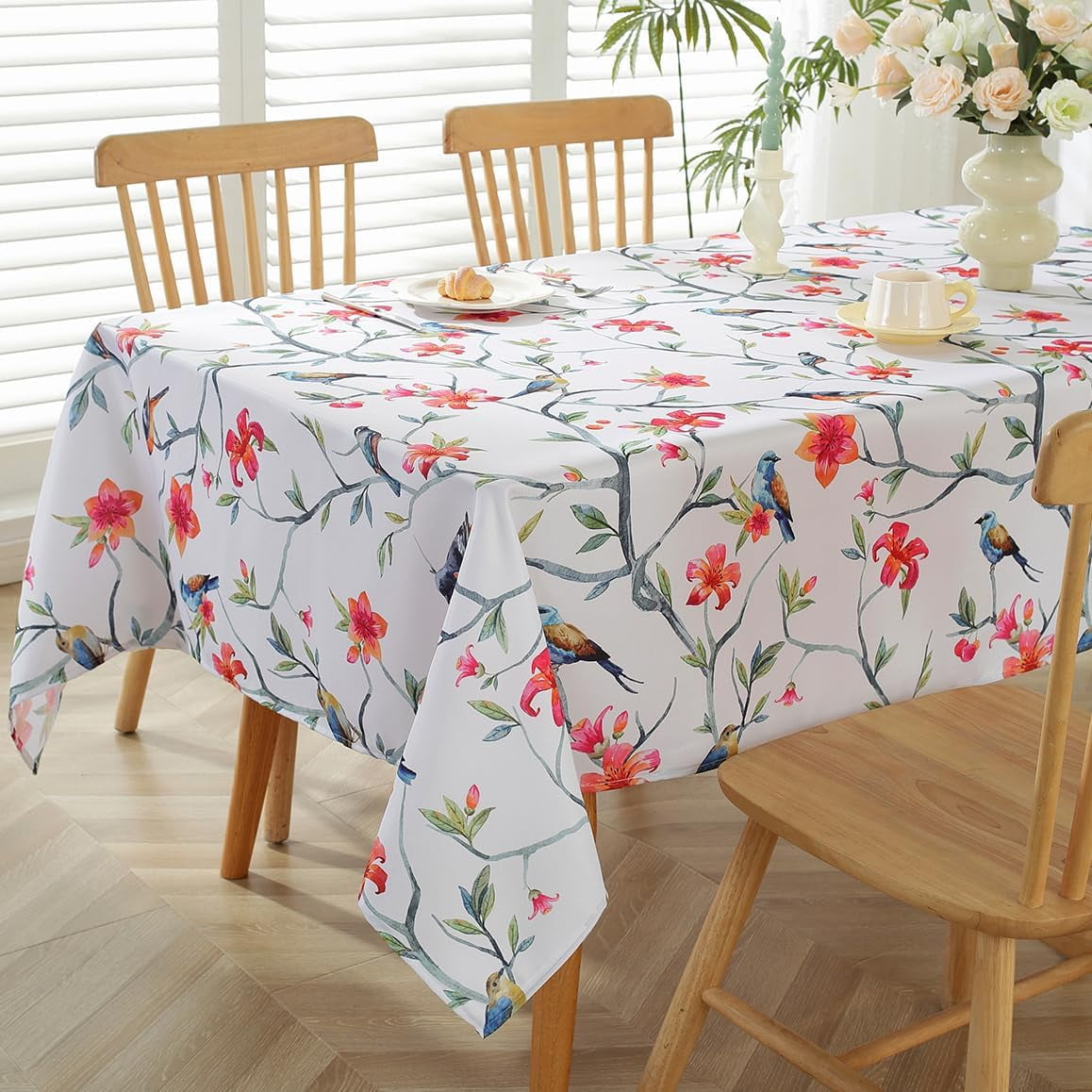 SASTYBALE Spring Summer Tablecloth for Rectangle Tables, Vibrant Floral Table Cloth with Birds & Branches, Stain Resistant Table Cover for Spring Summer Picnic Outdoor Decor (Rectangle, 52" x 70")